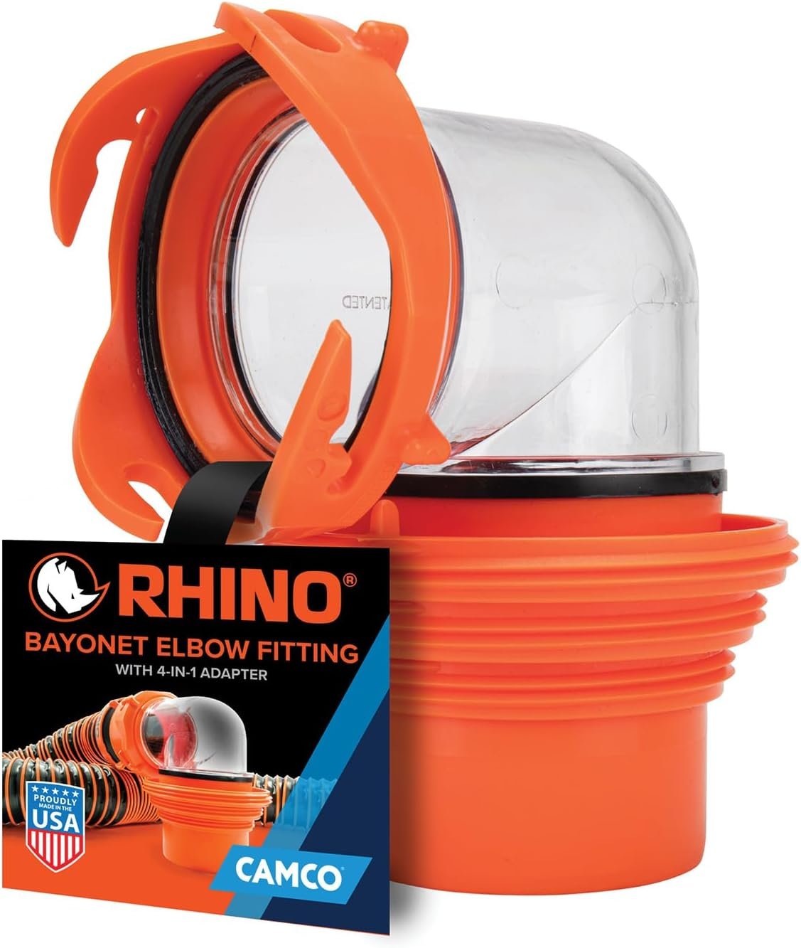 Camco RhinoFlex Clear RV Sewer Hose Elbow with 4-in-1 Adapter – Features a 360-Degree Fitting Rotation and Built-in Gasket for Odor-Tight Protection – Fits 4 Sizes of Dump Station Inlets (39736)