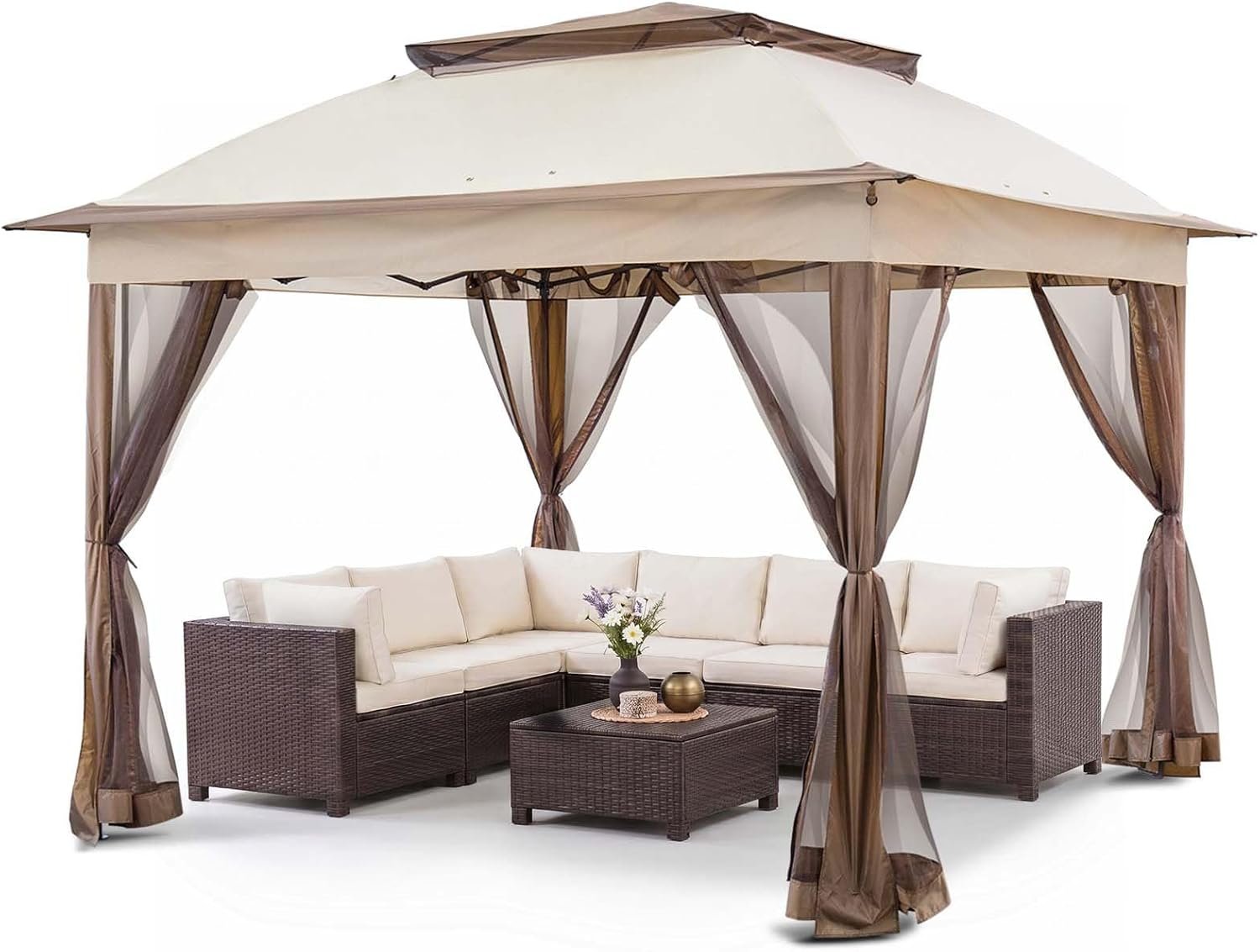 COOS BAY 11×11 Pop Up Gazebo with Mesh Netting, Instant Outdoor Canopy Tent, Water Resistant Shelter with UPF 50+ UV Protection, 121 Sq Ft Coverage, Beige