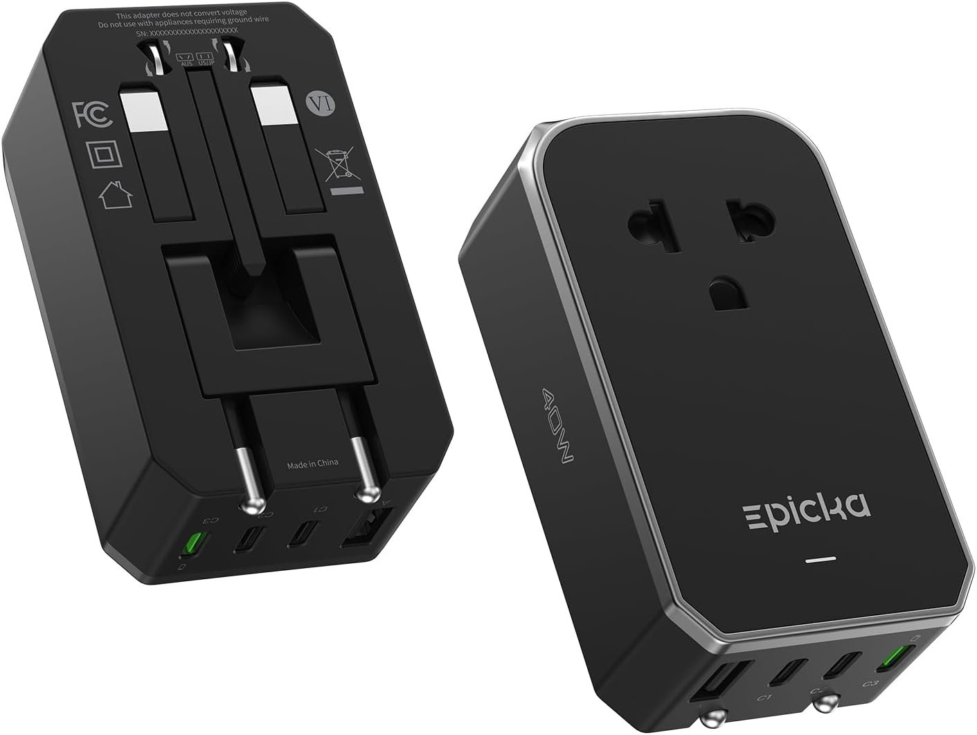 EPICKA Air 40W Universal Travel Adapter, PD Fast Charging International Power Adapter with 1 AC & 4 USB Ports, Worldwide Compact Travel Essentials for USA/EU/UK/AUS(Black, Not a Voltage Converter)