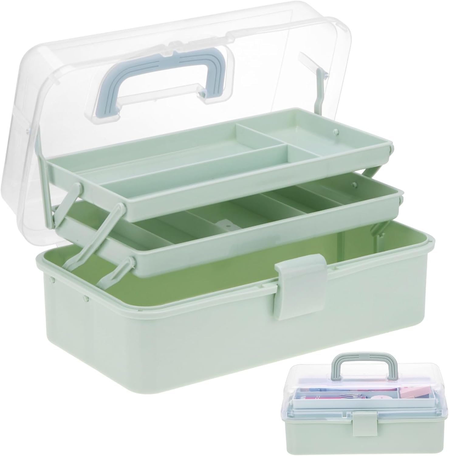 Tackle Box, Craft Organizers and Storage 3-Layer Portable Folding Toolbox, Plastic Tool Box with Handle for Sewing Supplies, Medicine, Art Supplies, Nails and Hair Accessories (Haze Green, 12.5inch)