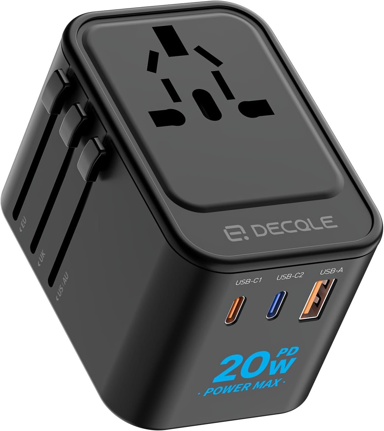 Universal Travel Adapter, International Travel Plug Adapter with 2 USB-C(PD 20W) ＆ 1 USB-A Ports, All in One Portable Adaptor, for USA, UK, EU, AU ＆ 224+ Countries (Black) US