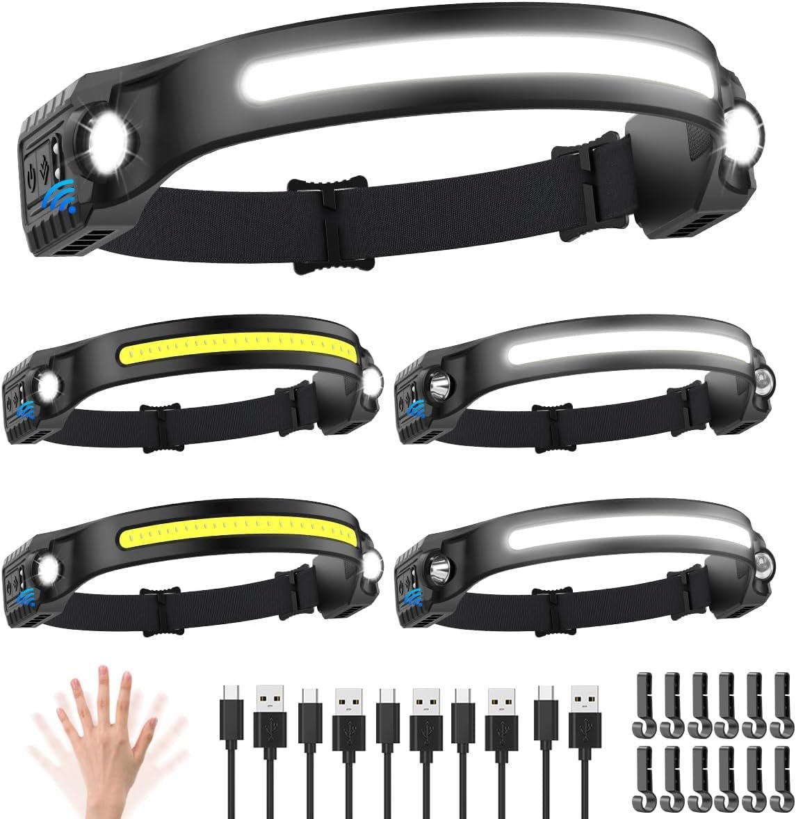 Headlamp Rechargeable 5Pack, 230° Wide Beam Head Lamp with 2 Spotlights, LED Headlamp with Motion Sensor, 5Mode Rechargeable Headlamp, Head Lights for Forehead, Headlamps for Adults Running Hard Hat