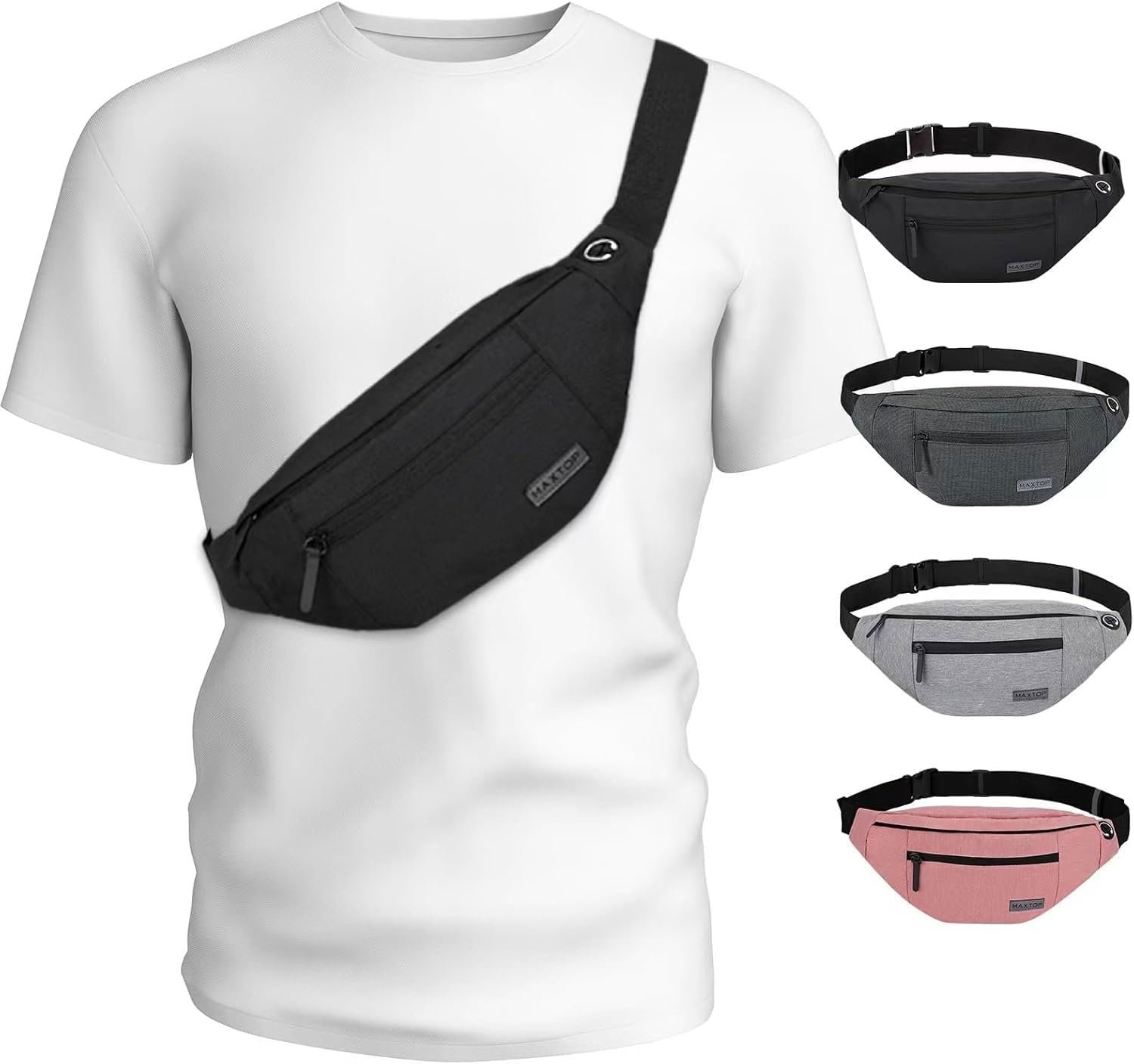 MAXTOP Large Crossbody Fanny Pack with 4-Zipper Pockets,Gifts for Enjoy Sports Festival Workout Traveling Running Casual Hands-Free Wallets Waist Pack Phone Bag Carrying All Phones