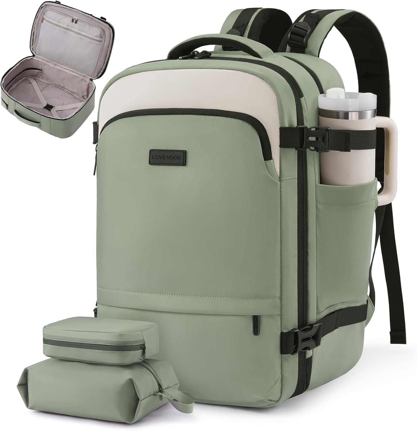 LOVEVOOK Carry On Backpack for Women Flight Approved, Travel Backpack for Men, Personal Item Travel Bag with Large Cup Holder & Padded Laptop Compartment, Business Daypack with 2 Cubes, 17.3 Inch