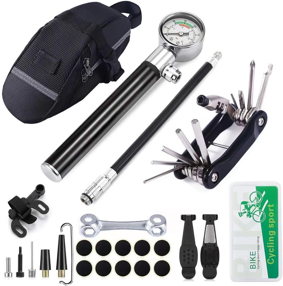 YBEKI Bike Tire Repair Kit with 210PSI Mini Pump & 10-in-1 Multi-Tool | Includes Chain Breaker, Glueless Patches, Tire Levers & Portable Bag | for Road, Mountain & BMX Bicycles