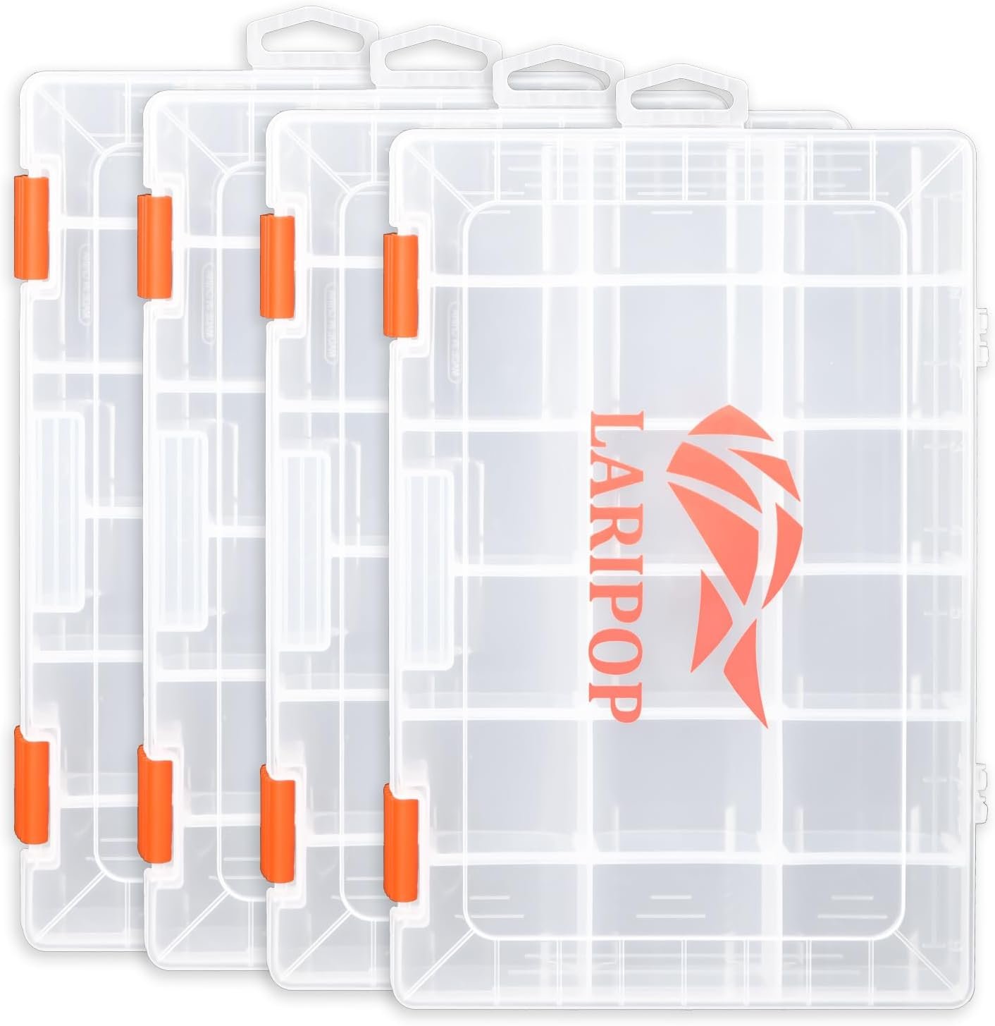 LARIPOP 4-Pack 3600 Fishing Tackle Boxes, Clear Plastic Storage Trays with Adjustable Dividers, Organizer for Lures, Hooks, Sinkers, Jigs & Fishing Accessories