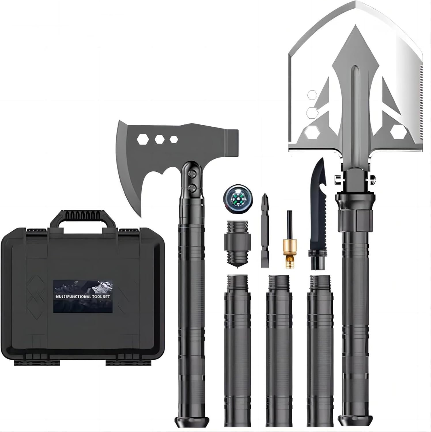 Camping Shovel Axe Outdoor Survival Shovel Set, Multifunctional Folding Tactical Shovel Hatchet Combo, High Carbon Steel Camping Equipment for Hiking Camping Hunting