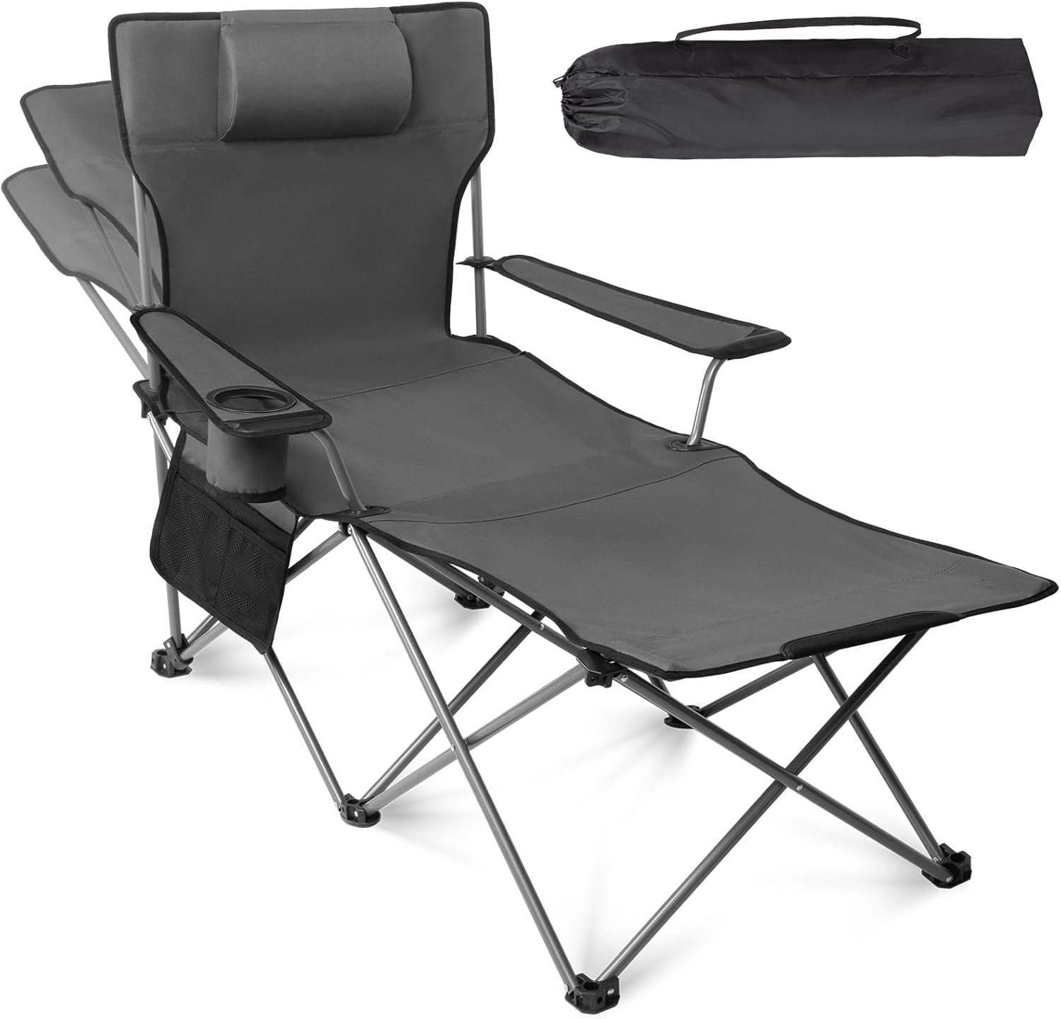apollo walker Reclining Beach Chair, Adjustable 90-135° Backrest Camping Lounge Chairs for Adults, Folding Chair with Foot Rest & Detachable Pillow – Standard 6-Leg, Grey