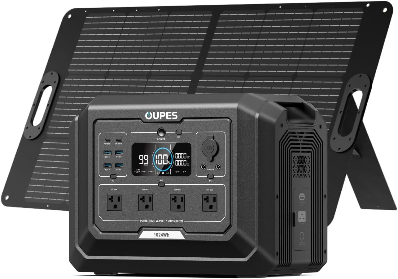 OUPES 2000W Solar Generator with Panels Included, 36Min Fast Charge, 1024Wh LiFePO4 Portable Power Station w/ 100W Panel, for Camping Road Trips Picnics Home Backup Emergency