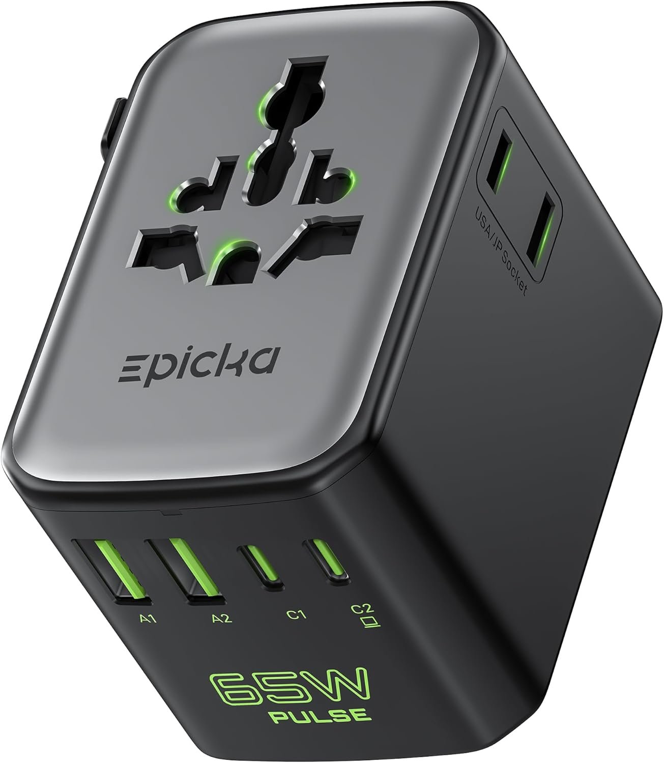 Epicka Pulse Duo 65W Universal Travel Adapter, International Power Adapter with PD & QC 3.0 Fast Charging for 2 Devices Simultaneously, European Travel Plug Adapter, Travel Essentials (Black)