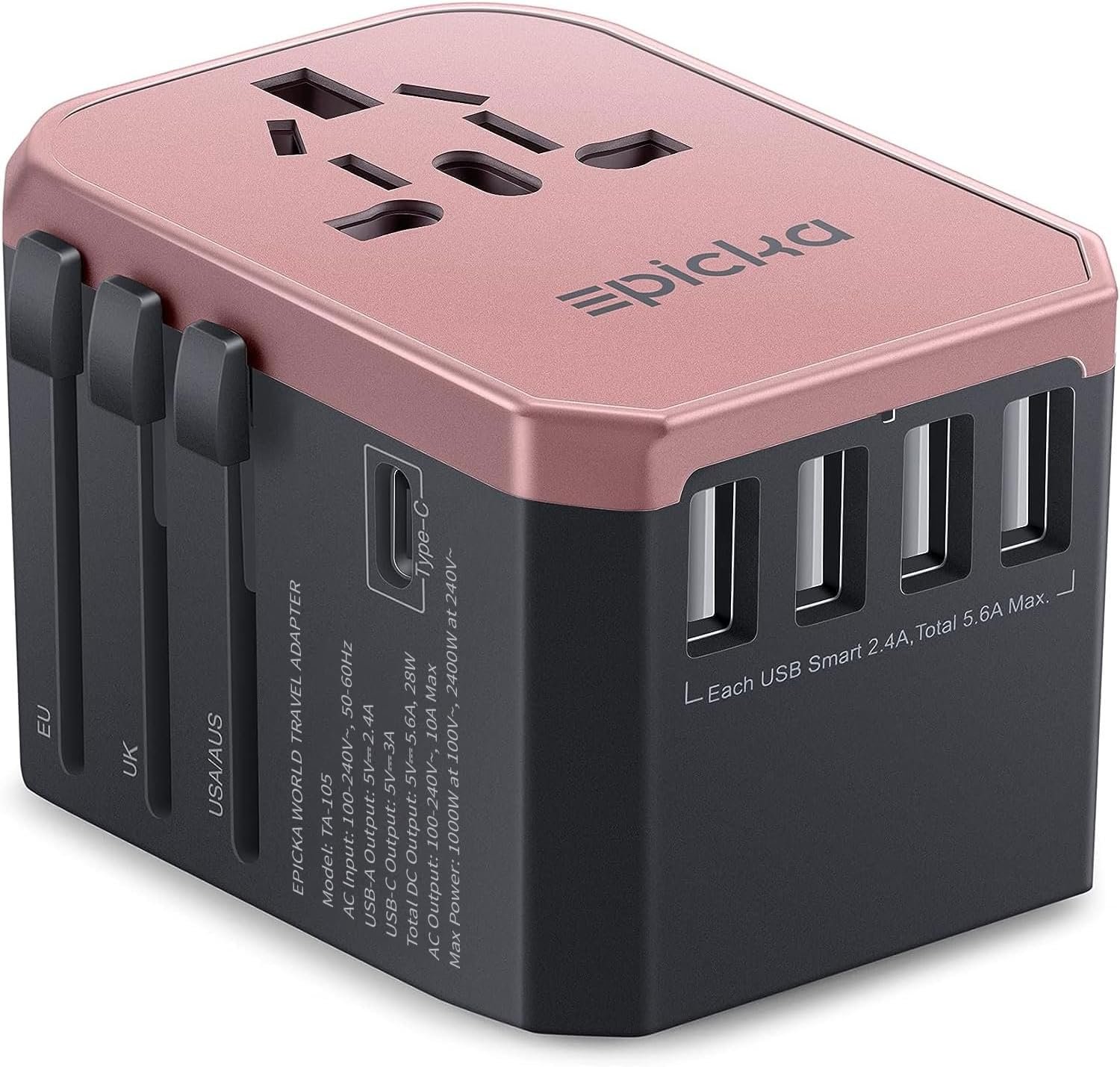 EPICKA Universal Travel Adapter, European Travel Plug Adapter – International Power Adapter Worldwide Charger with USB-C & 4 USB-A Ports, Travel Essentials for Italy, UK, Japan (TA-105, Rose Gold)