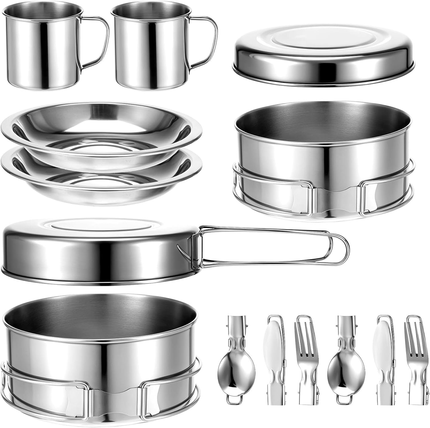 JJUNW 14Pcs Stainless Steel Camping Cookware Set, Lightweight Compact Camping Pots Pans Set with Cups Plates Forks Knives Spoons for Backpacking Camping-Cooking Hiking and Picnic