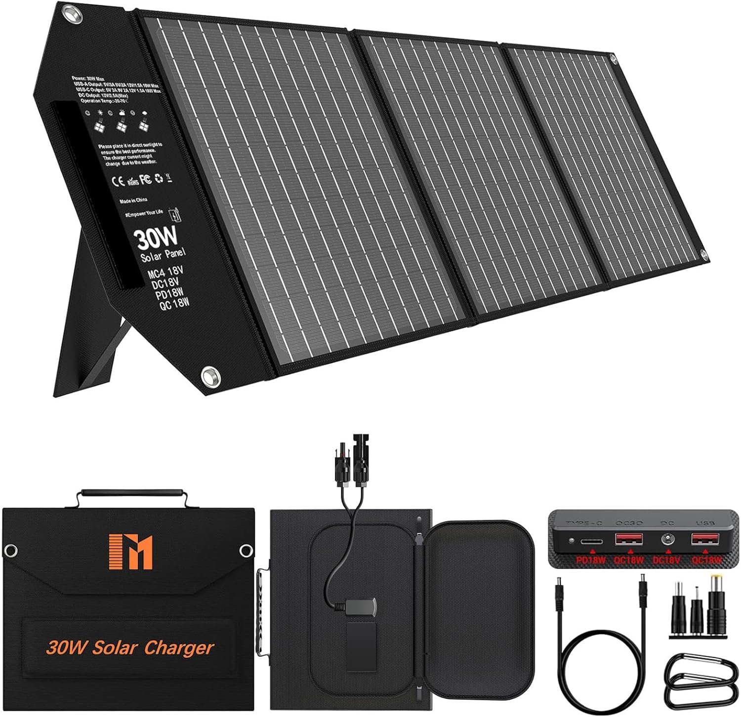 30W Solar Panels Charger Portable Foldable with USB-C USB-A MC4 DC | Fast Charging for Backpacking, Travel, Camping, for iPhone LG Google, Power Bank, Power Station Generator