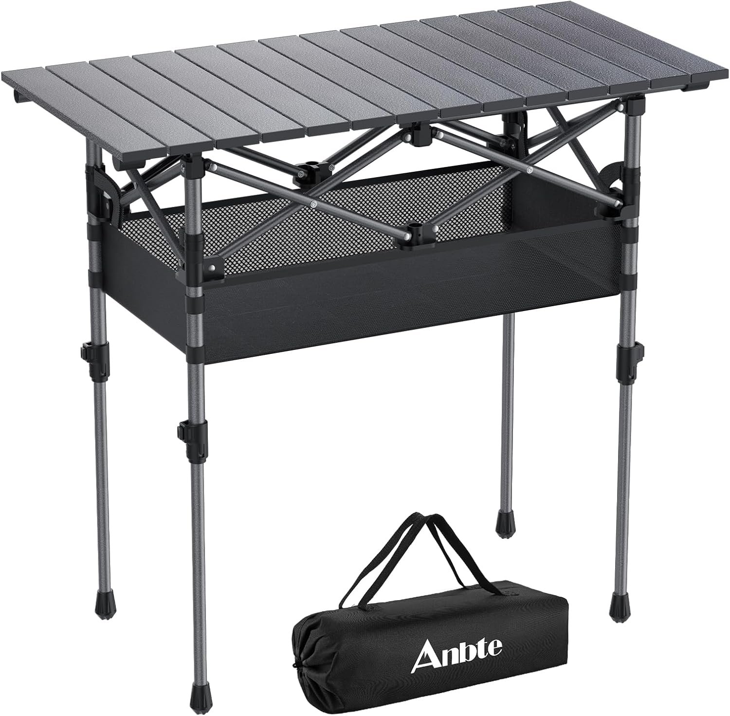 Anbte 3ft Aluminum Roll Top Camping Table, 2 Adjustable Height Camping Table Folding with Storage Net & Bag Lightweight Roll Up Table for Tailgate Outdoor Backyard BBQ Patio Picnic, 32.2” X 16”, Black