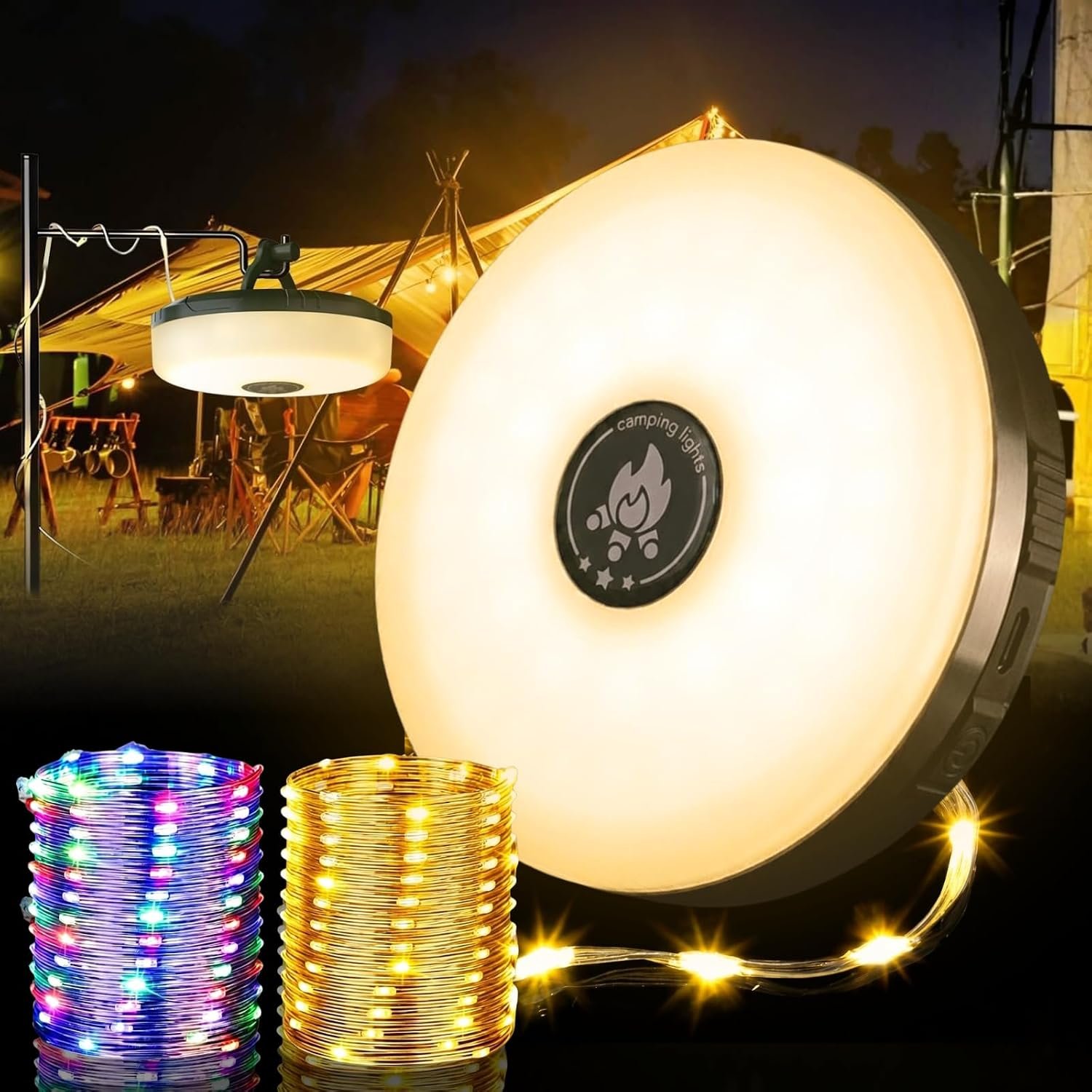 Camping String Lights, Quick Storage 32.8FT Rechargeable Tent Lighting String with 8 Lighting Modes, Waterprof Portable LED Lamp for Outdoor Patio Awning Christmas Party Essentials
