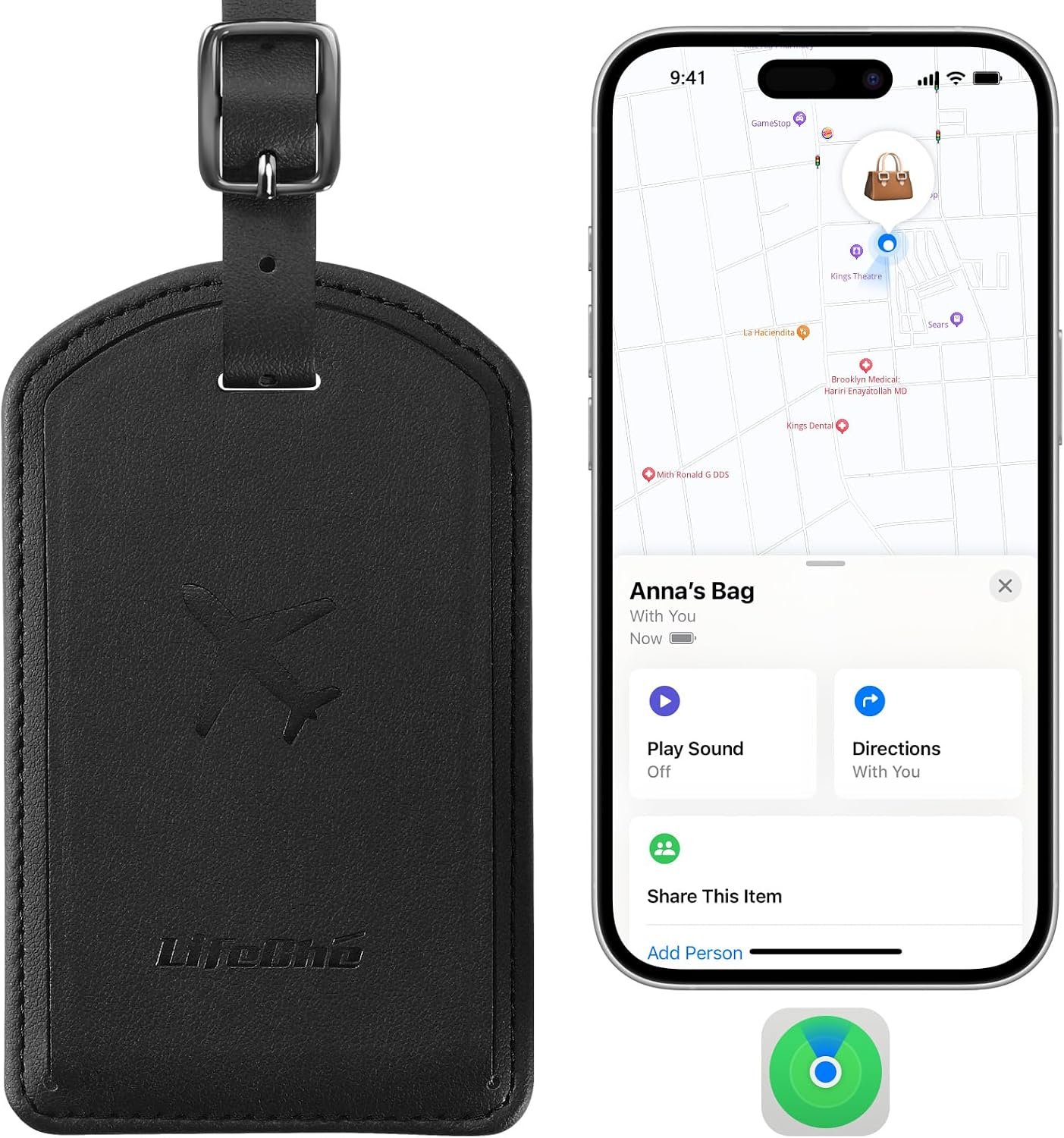 Luggage Tags Built-in Anti-Loss Tracker, Luxury Leather Luggage Tags for Suitcase, Travel Bags, Backpacks, Travel Organizer for Lost Baggage Prevention (Black*1 Pack)