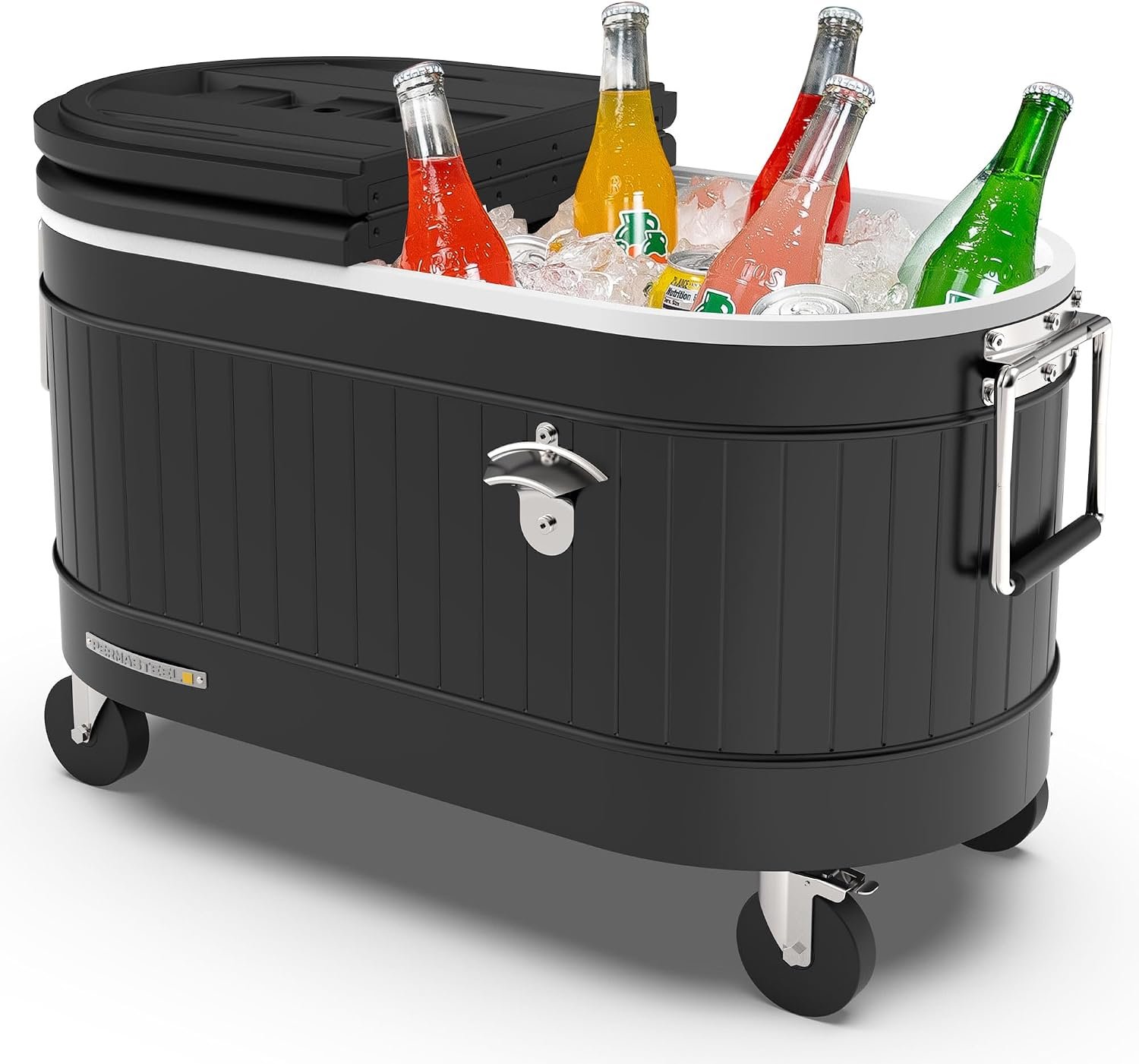 Permasteel Rolling Patio Cooler – Large Outdoor Ice Chest with Wheels, Beverage Cooler for Backyard, BBQ, Tailgate, Beach, Parties, Rustic Farmhouse Design