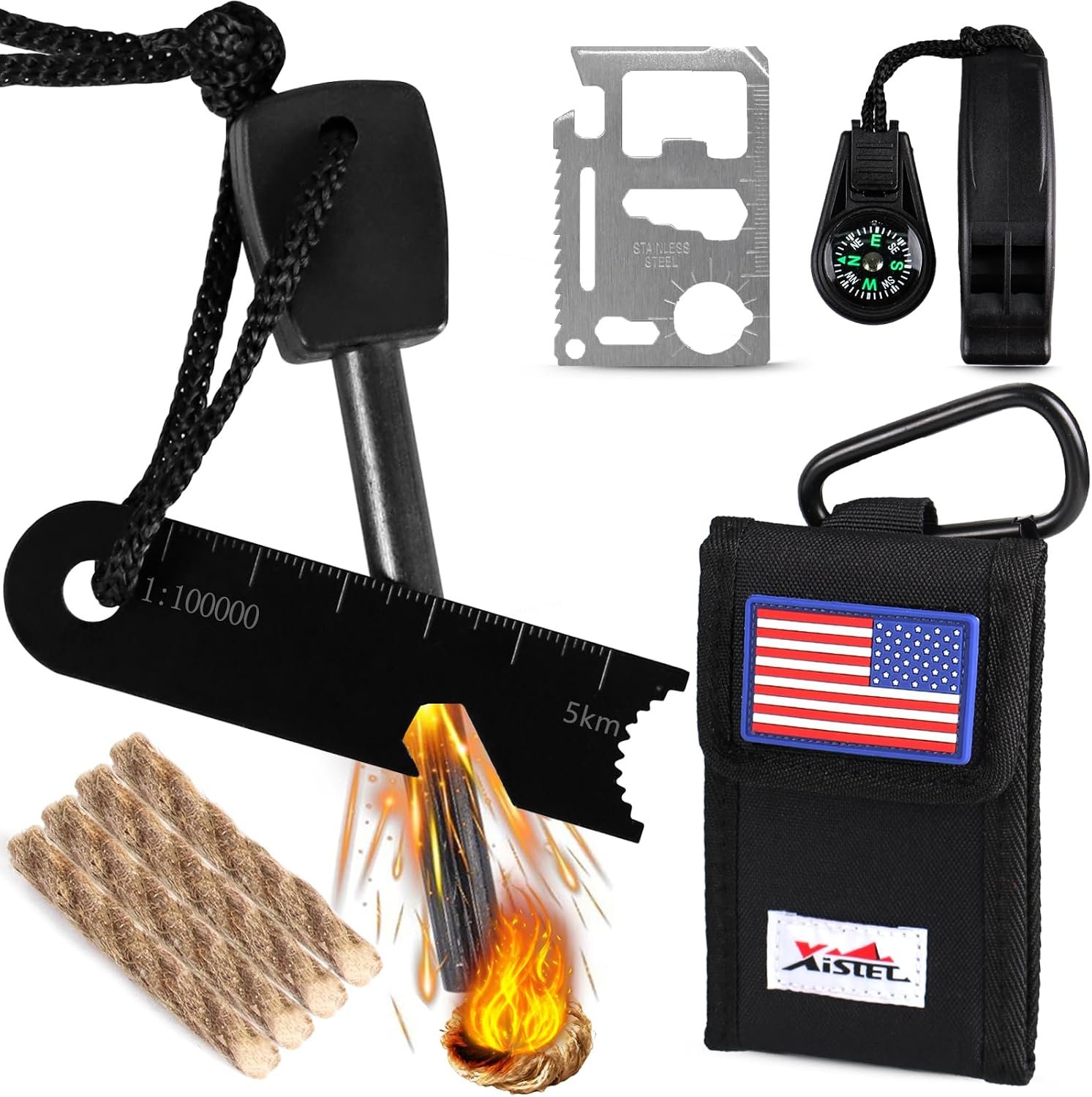 Fire Starter Kit 5 in 1 Survival Gear, Flint and Steel Fire Starter Kit with Ferro Rod, Emergency Whistle, Credit Card Multitool, Compass & Waterproof Tinder for Outdoor, Camping, Hiking, Gift for Men