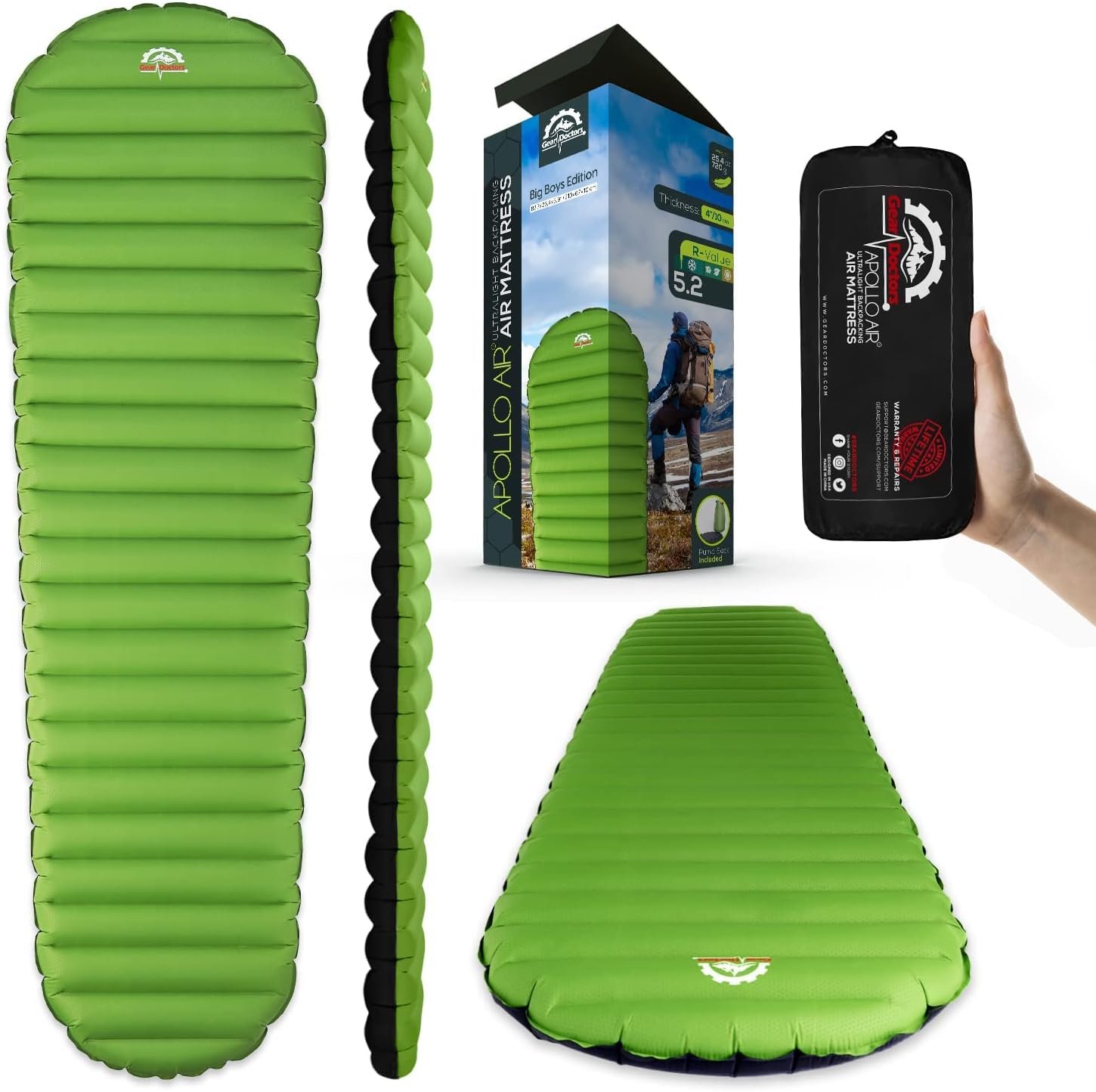 Gear Doctors® ApolloAir 5.2 R-Value [17oz] Ultralight Insulated Inflatable Camping Sleeping Pad — Backpacking Sleeping Pad— Camping Mattress Compact Lightweight for Hiking—Air Mattress for Backpacking