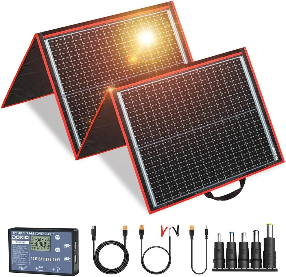 DOKIO 150W Portable Foldable Solar Panel Kit, Compact 21x20in Design 7.3lb with Standalone Controller and USB, Monocrystalline Charger for 12V Batteries, Power Stations, RV Camping Emergency Use