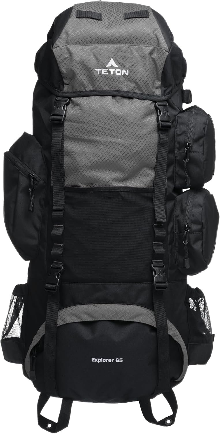Teton 65L Explorer Internal Frame Backpack for Hiking, Camping, Backpacking, Rain Cover Included, Graphite