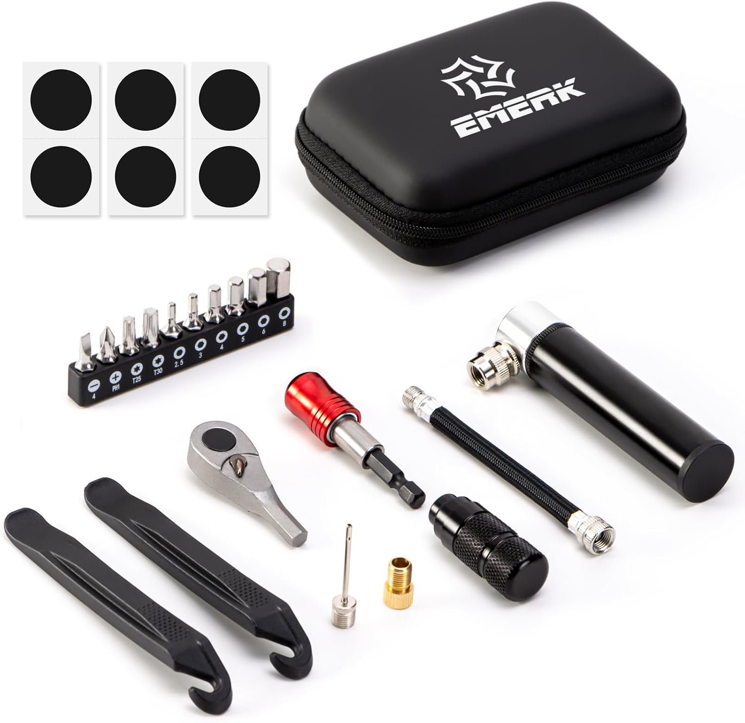 EMERK Bike Repair Tool Kit – Bicycle Multi-Tool Kit with Mini Pump, Ratchet Wrench & 10 Tool Bits, Tire Levers and Portable Bag for Mountain, Road & Electric E-Bike