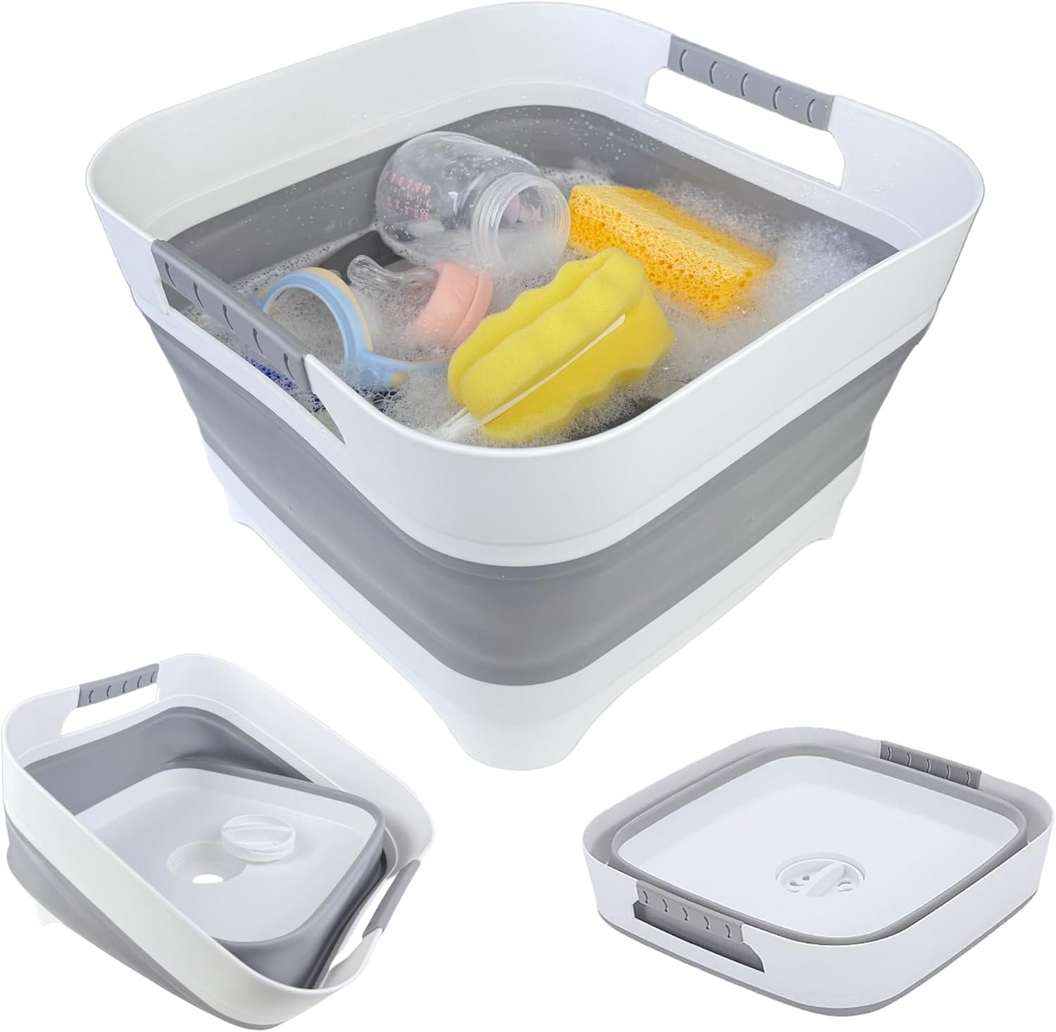 GIMWA 2.6 Gallon Collapsible Wash Basin – Large Capacity Portable Dish Tub with Drain Plug for Baby Bottles, RV Camping Kitchen, Space-Saving Foldable Sink (Gray)