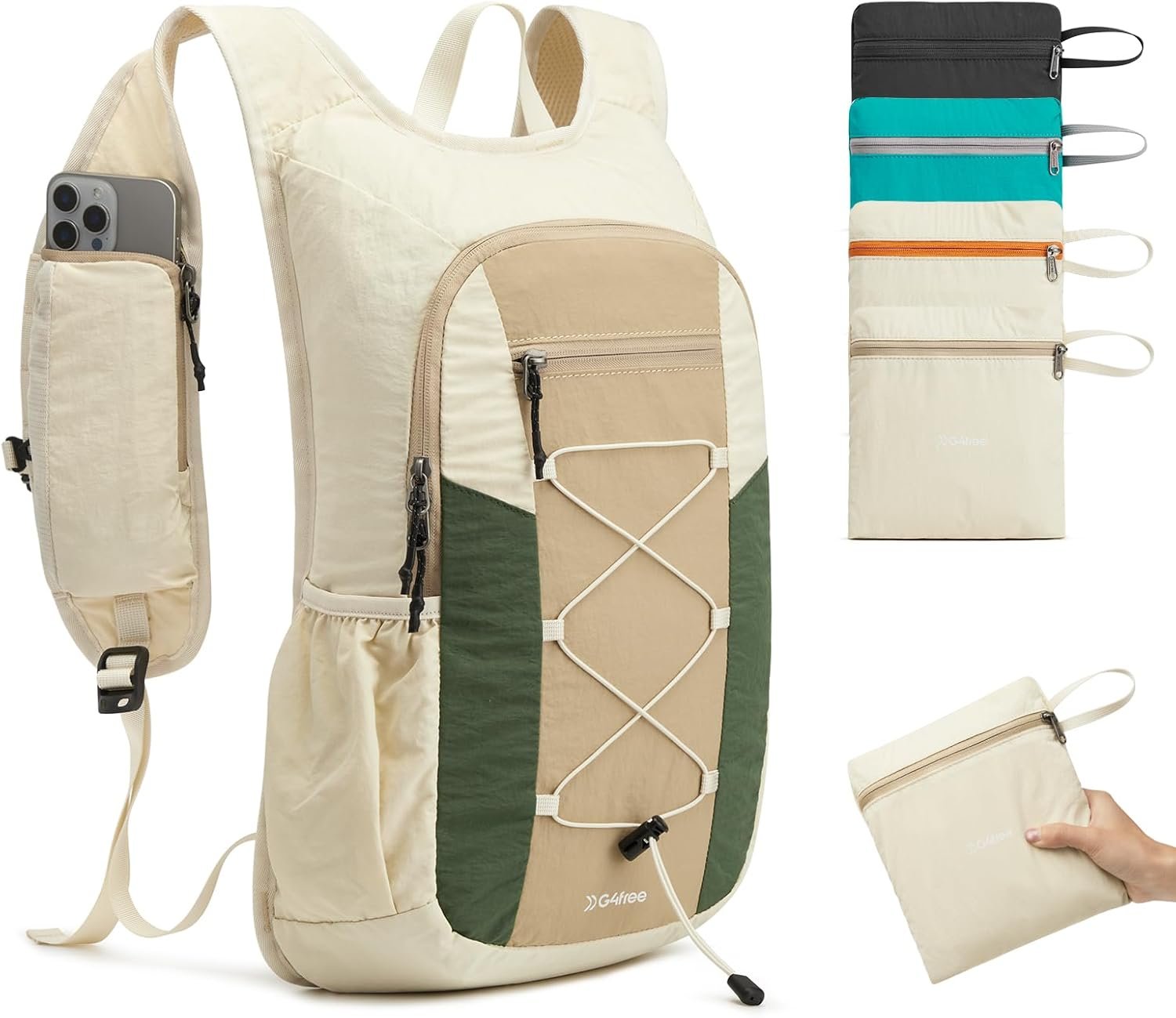 G4Free 20L Hiking Backpack Lightweight Daypack with Phone Pocket Small Packable Foldable Hiking Bag for Women Men, Green+Beige