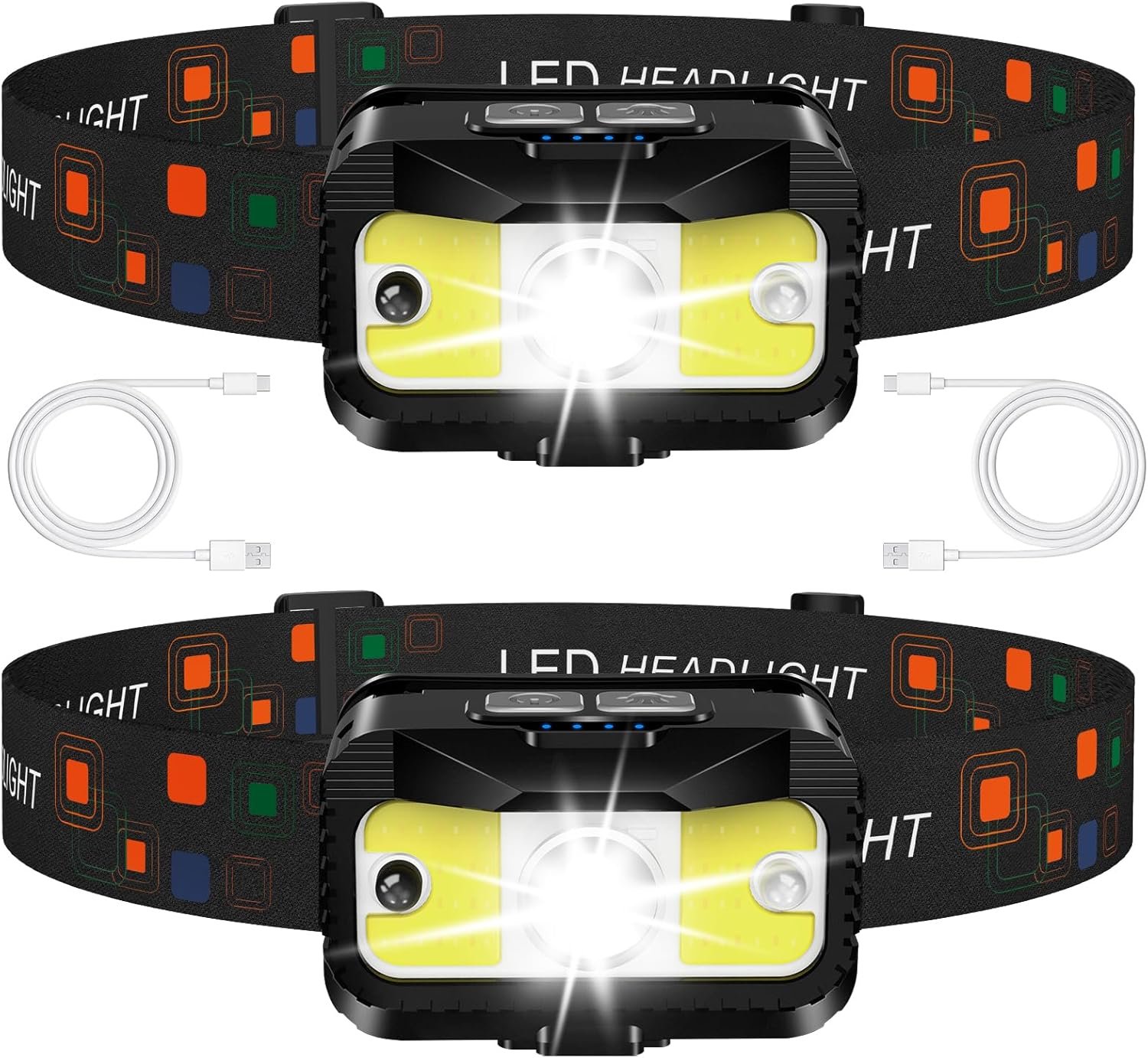 MIOISY Headlamp Rechargeable, Ultra Bright LED Head Lamp Flashlight with White Red Light, 2 Pack Motion Sensor Waterproof Headlight, 8 Modes Lights for Camping Fishing Running