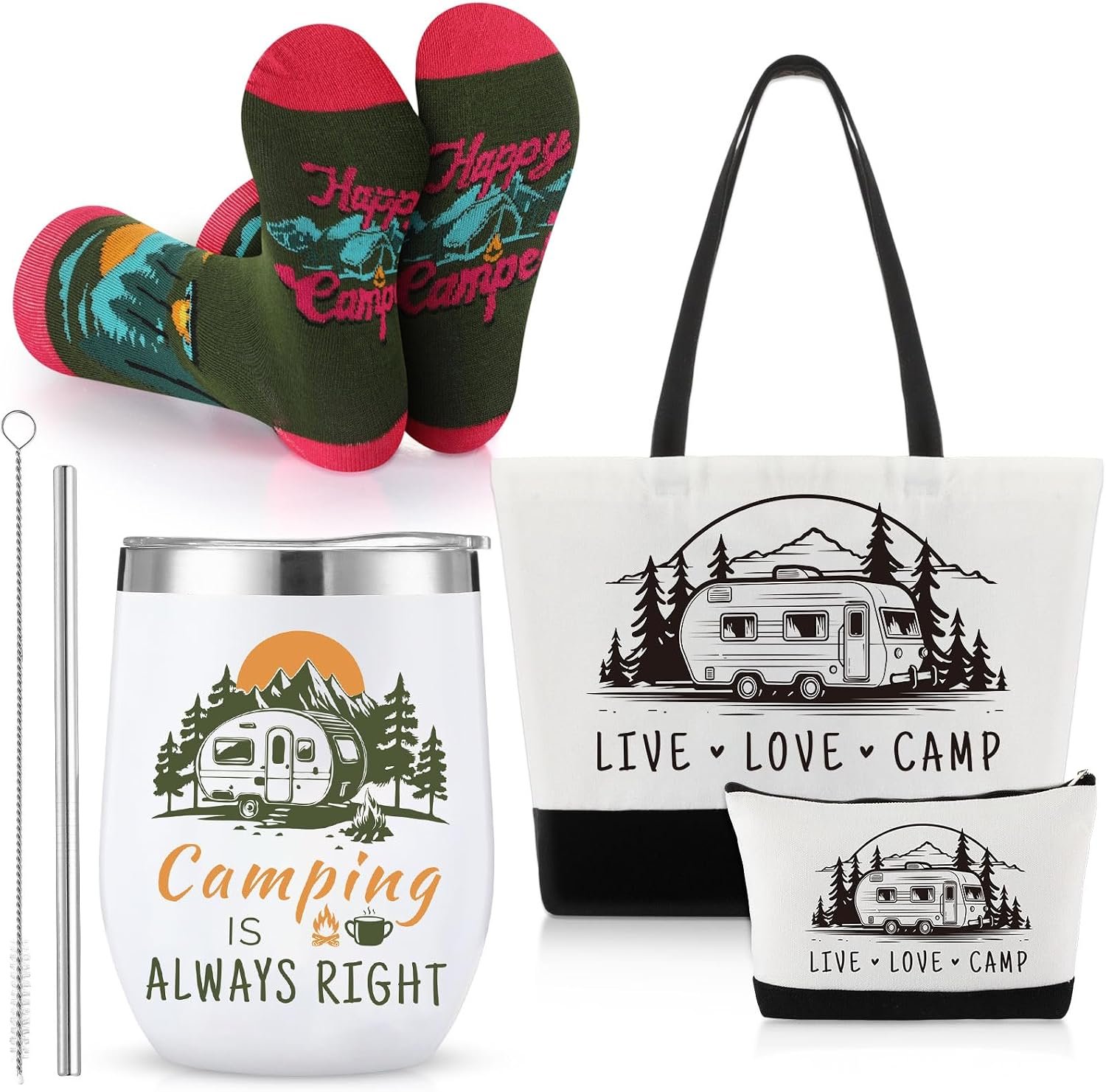 Patelai 4 Pcs Camping Gift Set Canvas Tote Bag 12 oz Stainless Steel Tumblers Socks Travel Makeup Bag Outdoor Gifts for Women Men Picnics Hiking