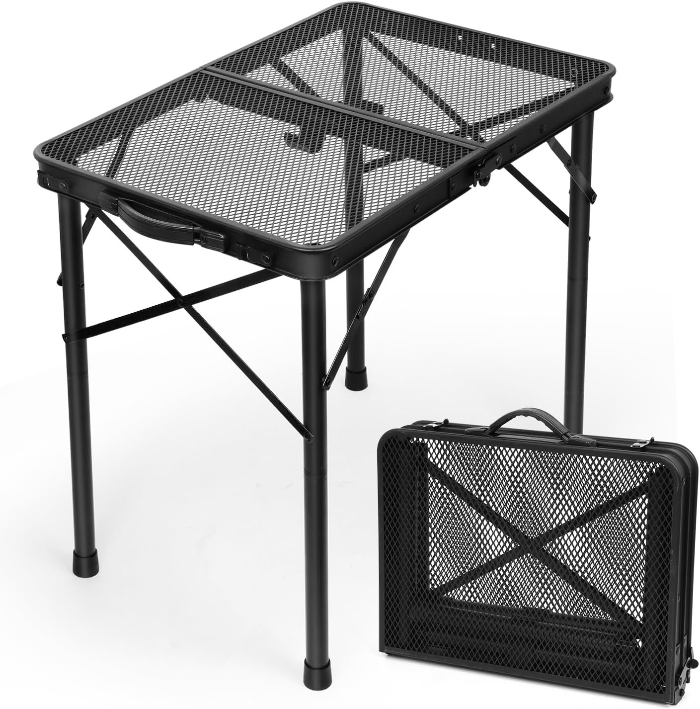 2Ft Small Folding Table with Carry Handle, Camping Table Adjustable Height 10.6–22 in, Black Metal Mesh, Portable & Compact for Outdoor/Indoor,Grill Table, 23.6×15.8 in, 4 lb, 66 lb Capacity