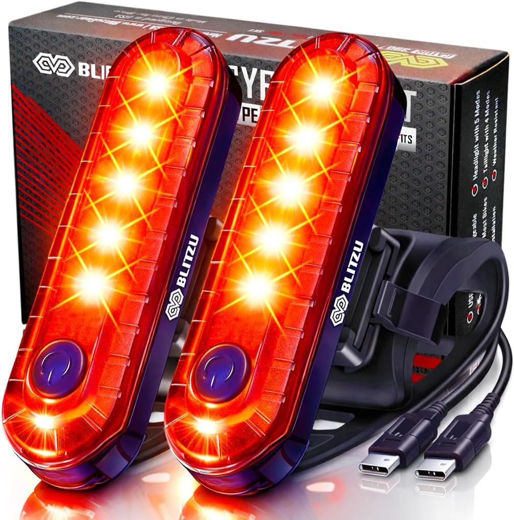 BLITZU USB-C Rechargeable Bike Tail Light 2 Pack, Bright Bicycle Rear Cycling Safety Flashlight Accessories for Night Riding, Cyborg 120T, 4 Light Modes for Adults Kids Men Women Road Mountain