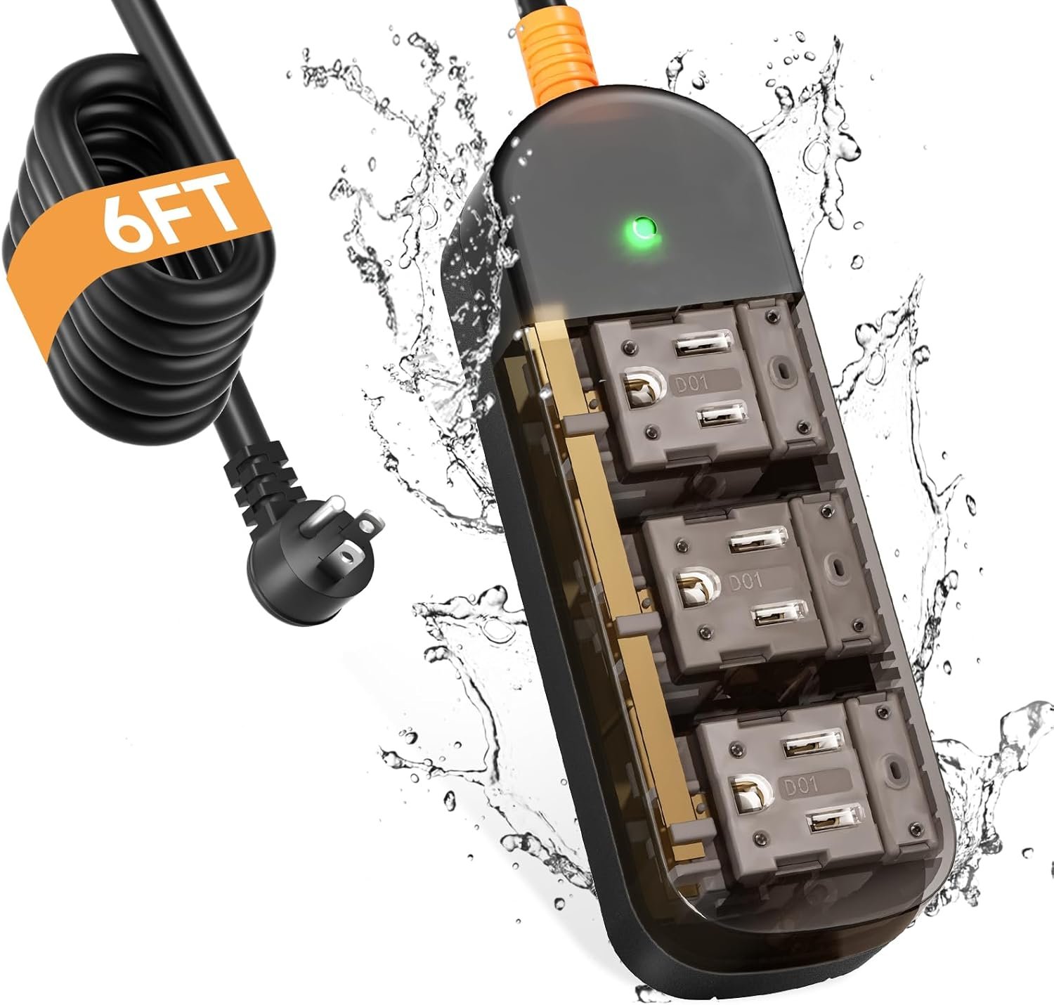 Outdoor Power Strip Weatherproof 6 FT Outdoor Extension Cord Waterproof Surge Protector Power Strip, 3 AC Outlets, 1625W – for Camping, Home, Office, Garden, Dorm, FCC UL Listed