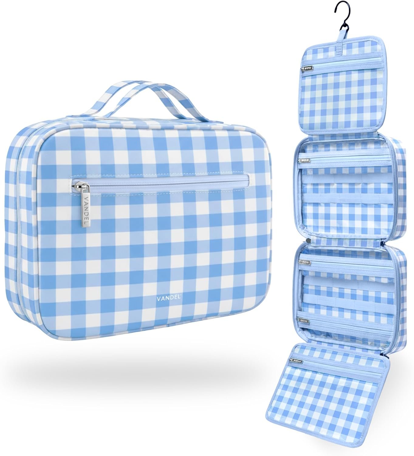 VANDEL Waterproof Hanging Toiletry Bag [TSA-Approved] Hanging Makeup Organizer Bag, Cosmetic Travel Bags for Women, Makeup Case Toiletries Organizer Hygiene Bathroom Shower Caddy – Blue Gingham