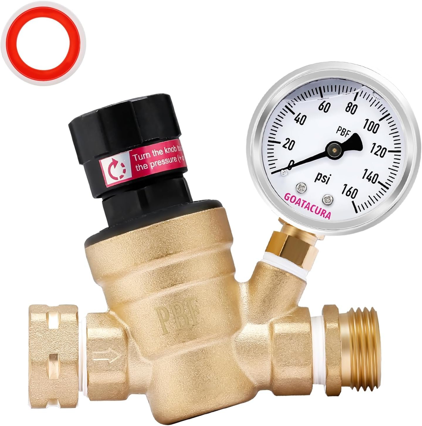 RV Water Pressure Regulator, Lead-Free Brass Adjustable Water Pressure Reducer Valve, with Gauge and Inlet Screen Filter, for RV Camper Travel Trailer