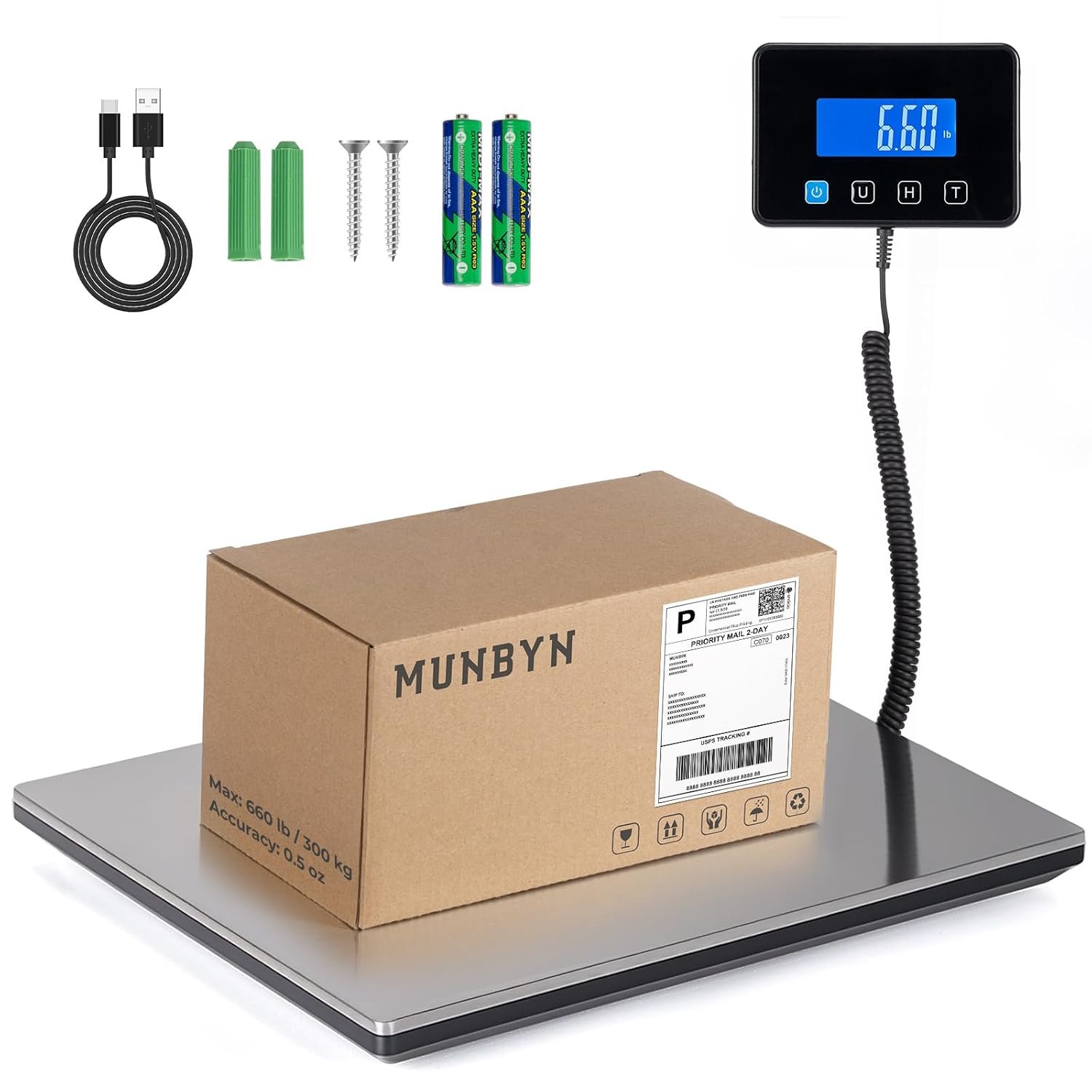 MUNBYN Shipping Scale, 660lb/1.8oz Digital Postal Scale for Packages with Hold/Tare Function, Backlit LCD, Battery & Cable Included, Postage Scale for Small Business, Packages, Luggage, and Home Use