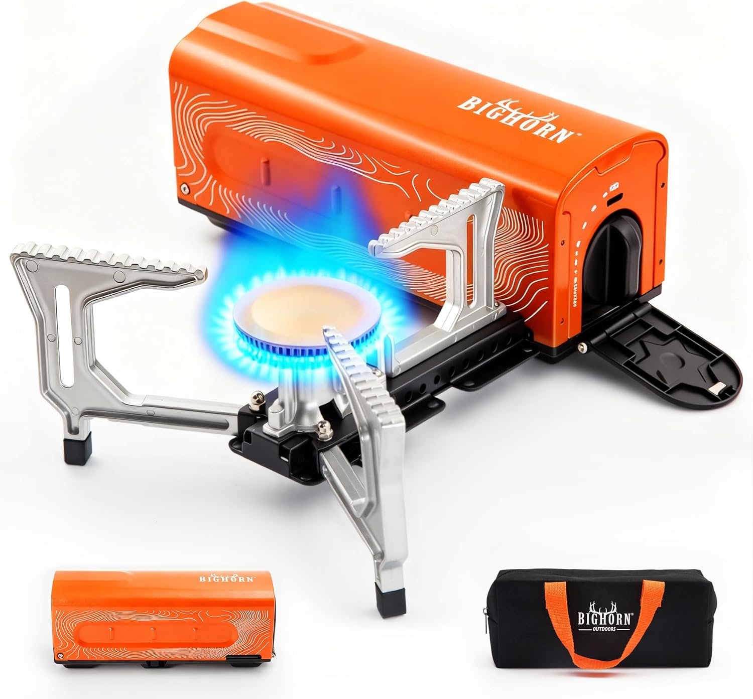 BIG HORN OUTDOORS Butane Camping Stove, Portable Folding Gas Burner with Carry Bag for Camping, Emergency Use and Outdoor Cooking, Orange
