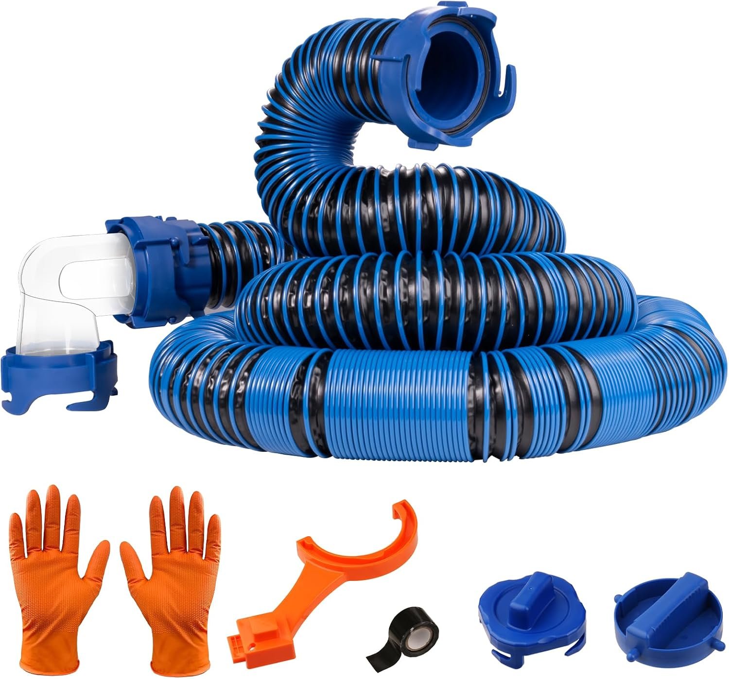 SheeChung 10FT RV Sewer Hose, Heavy-Duty RV Black Tank Hose, Sewer Hose for RV Camper Portable Waste Tank with Swivel Fittings, 90-Degree Clear Elbow, 2 Storage Caps, 1 RV Waste Value Wrench