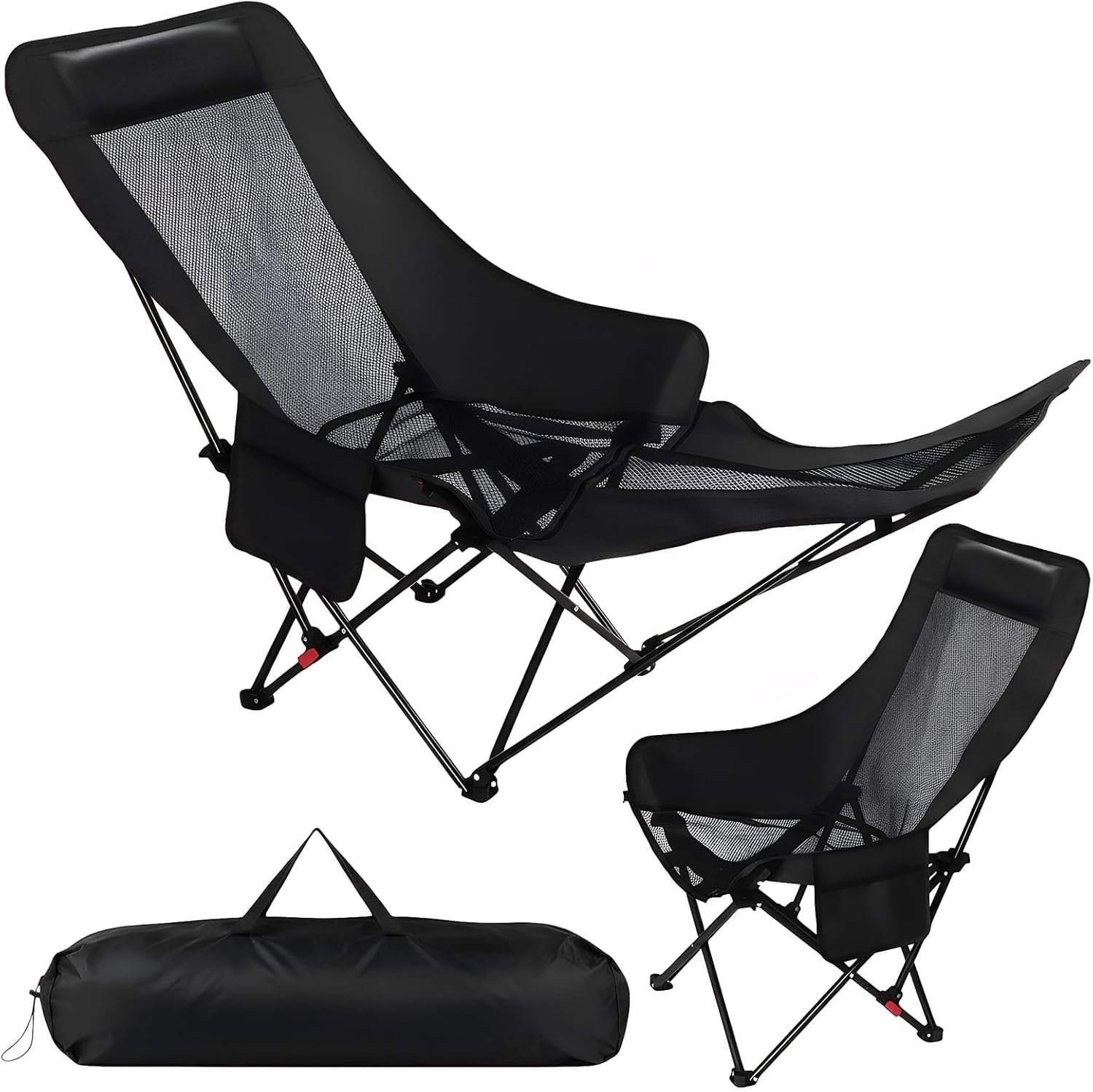 Black Reclining Camping Chair with Footrest, Portable Folding Lounge Chair, 4-Position Adjustable Folding Camping Chair with Headrest & Storage Bag for Outdoor Lawn, Hiking, Picnic, Fishing