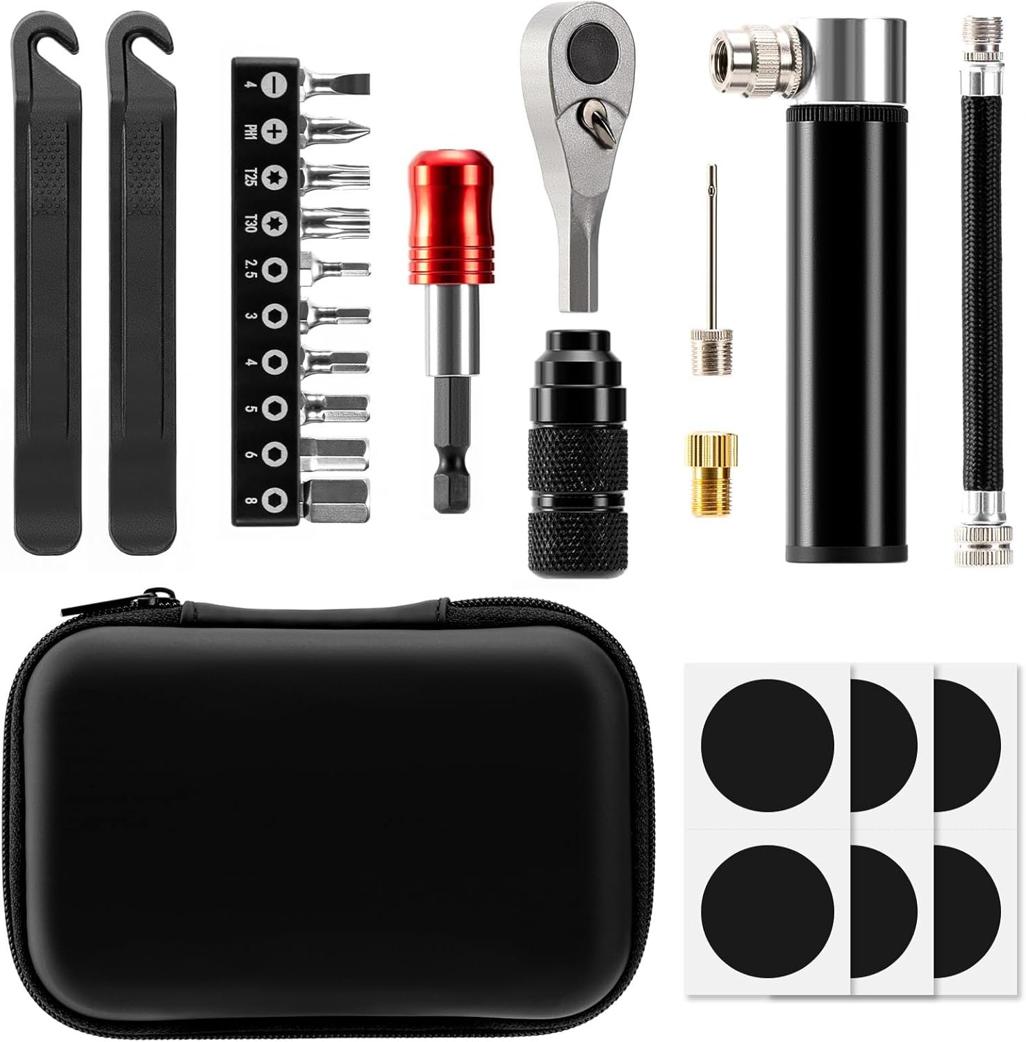 Bike Repair Tool Kit with Mini Pump & 10 Magnetic Bits – Alloy Multitool for Bicycle, MTB, Road Cycling – Portable Multifunction Tool Set Include Tire Inflator for Presta/Schrader Valves