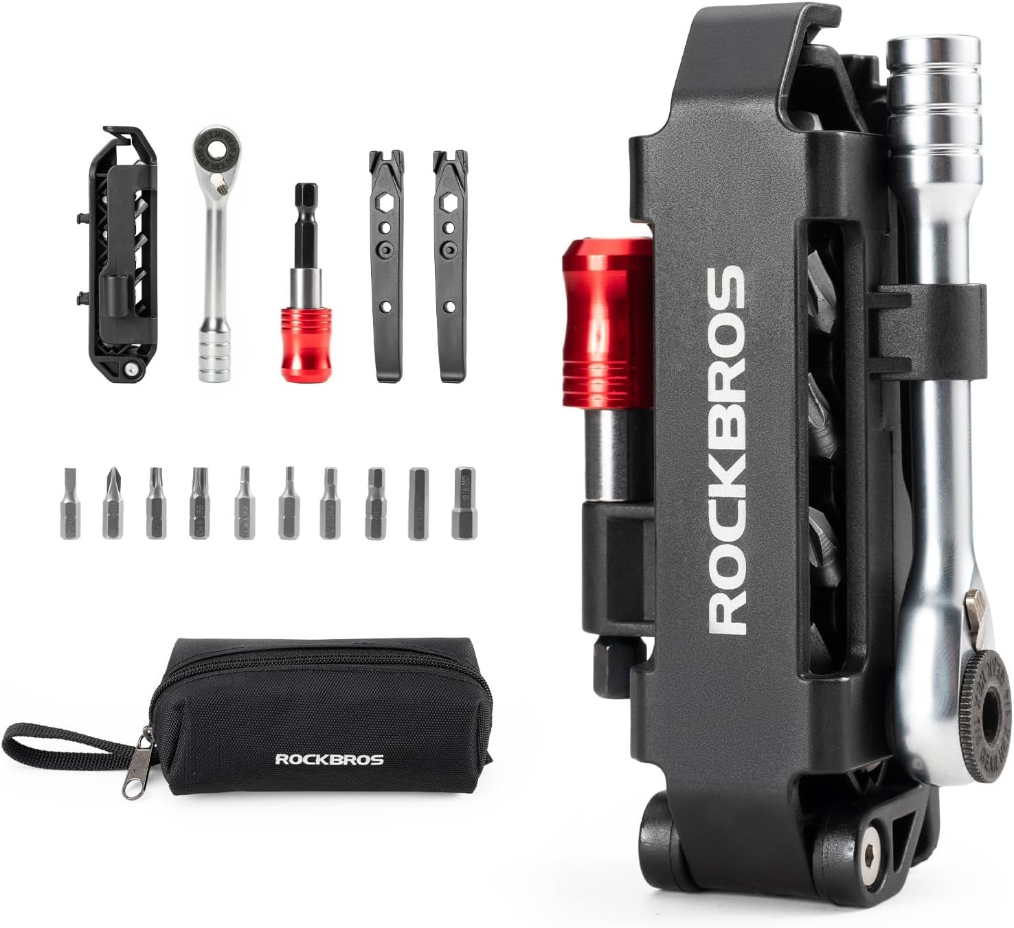 ROCKBROS Bike Tool Kits 14 in 1 Multi-Function Bike Repair Kits Portable Foldable Bike accessories Reversible Ratchet Wrench with 10 Bits 2 Tire Levers