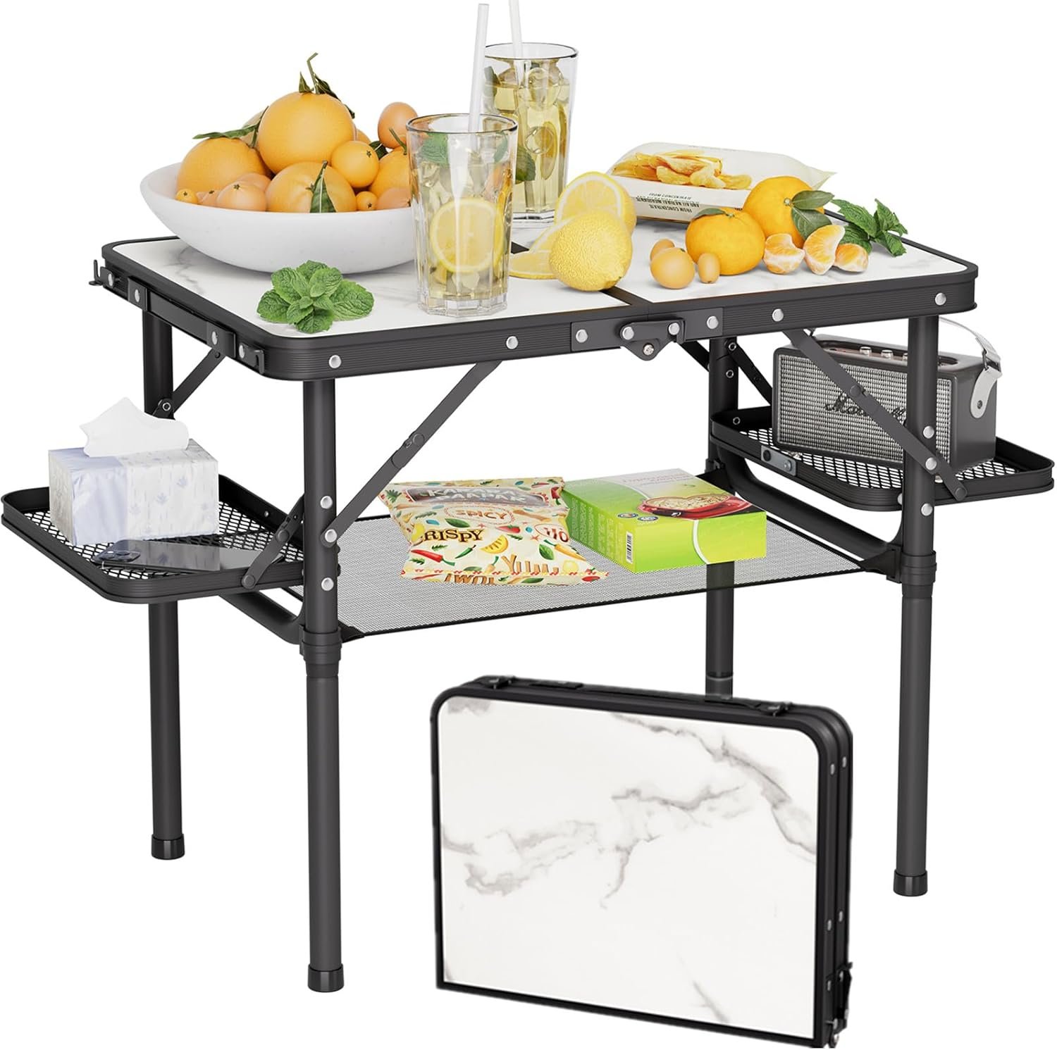 Titanker Small Camping Table Foldable 2ft, Folding Picnic Table with Side Racks & Net, Folding Camp Table Portable Beach Table, Car Camping Essentials, Sturdy Light Aluminum, Gift for Father Husband