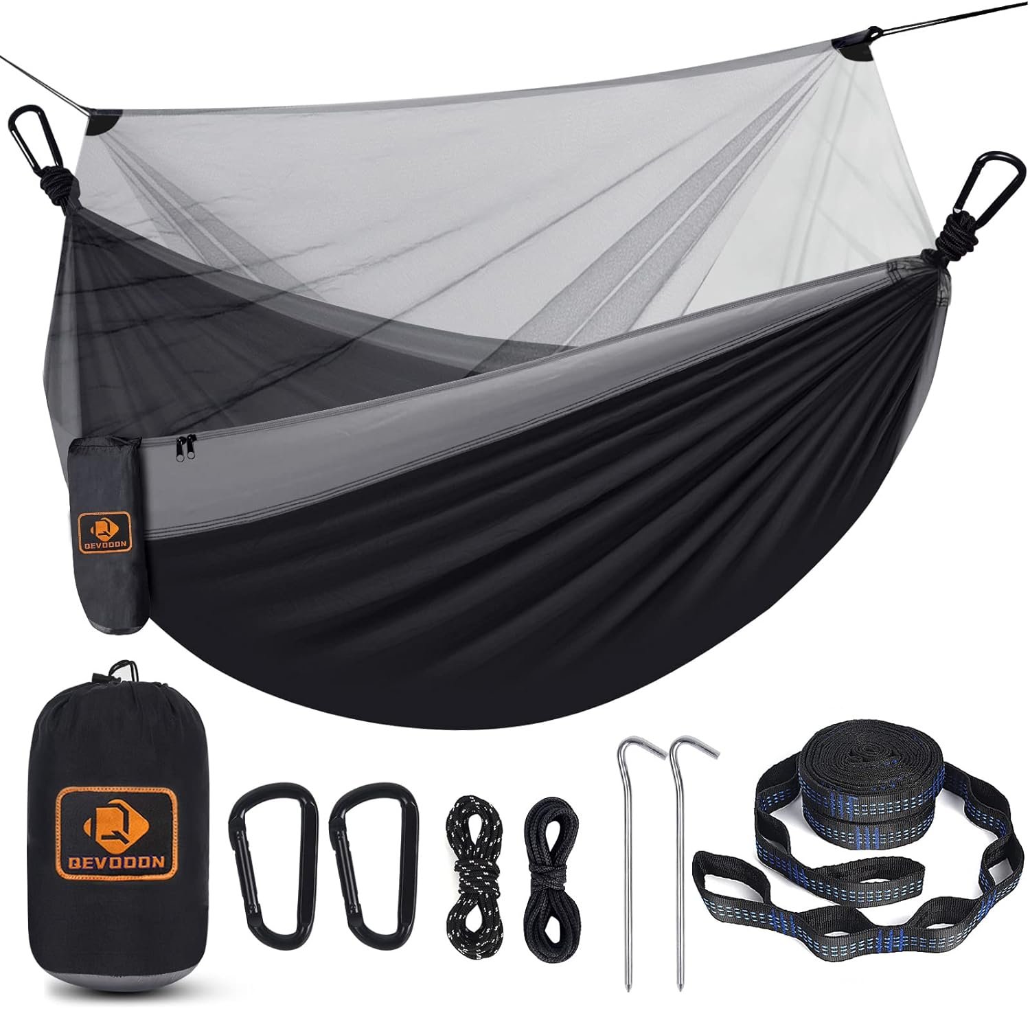 Qevooon Camping Hammock with Net,Travel Portable Lightweight Hammocks with Tree Straps and Solid D-Shape Carabiners,Parachute Nylon Hammock for Outsides Backpacking Beach Backyard Patio Hiking
