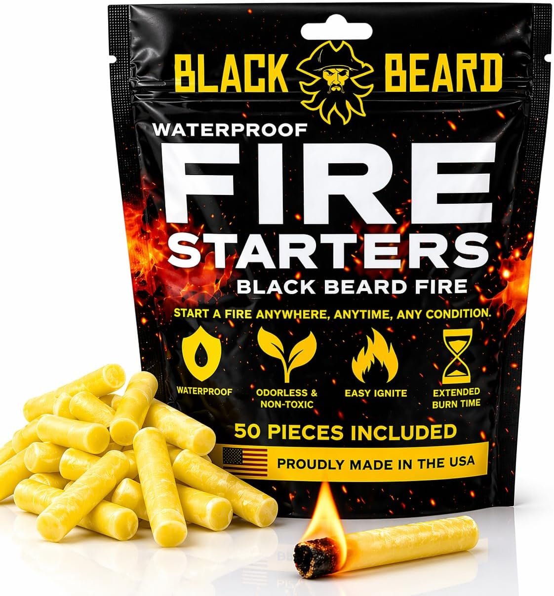 Black Beard Fire Plugs (50 Plugs) | 100% Weatherproof Fire Starter for Campfires | Can Light 50+ Fires | Extra Long Burn Time | 30 Yr Shelf Life for Emergency Survival Kits | Made in USA, Yellow