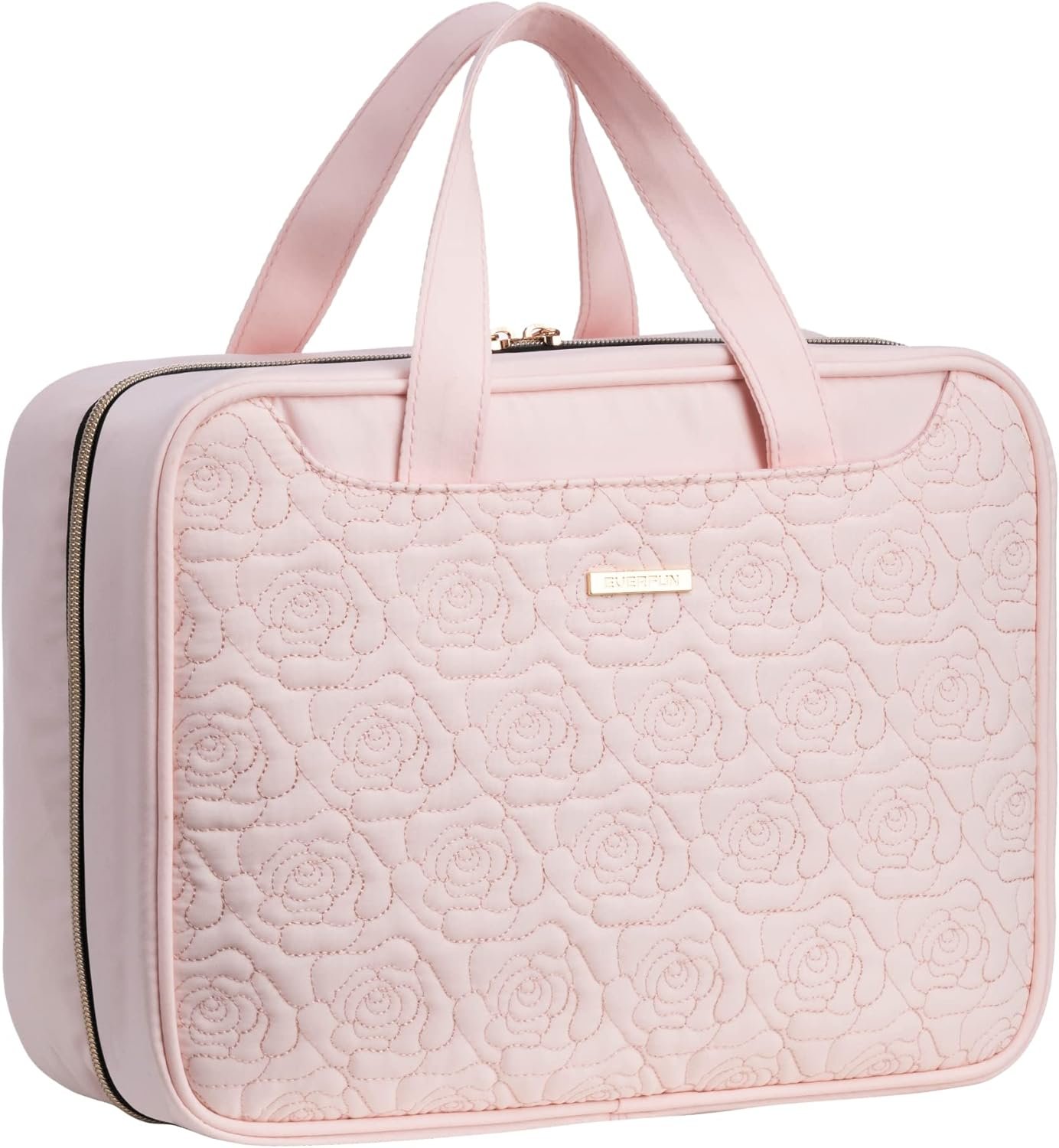 Everfun Travel Toiletry Bag with Hanging Hook and Leakproof Wet/Dry Compartments, Large Capacity Makeup Cosmetic Organizer for Women, 12x9x4.5 Inch, Pink