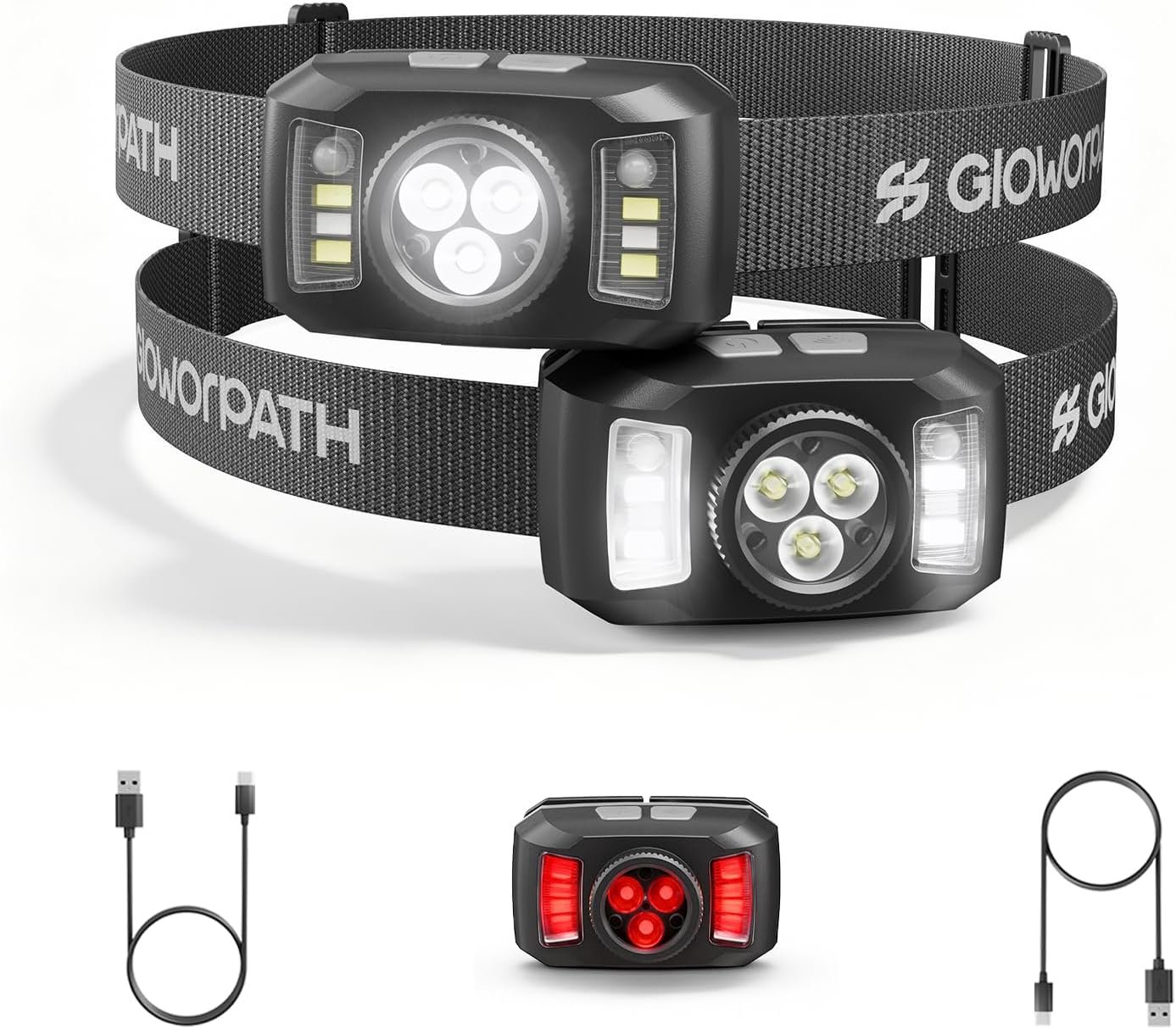 Upgraded Headlamp Rechargeable, Ultra Bright Headlight Flashlight with White Red Light, Motion Sensor Head Lights for Forehead, 6 Modes Head Lamp for Outdoor Camping Running Waterproof (2, Black)