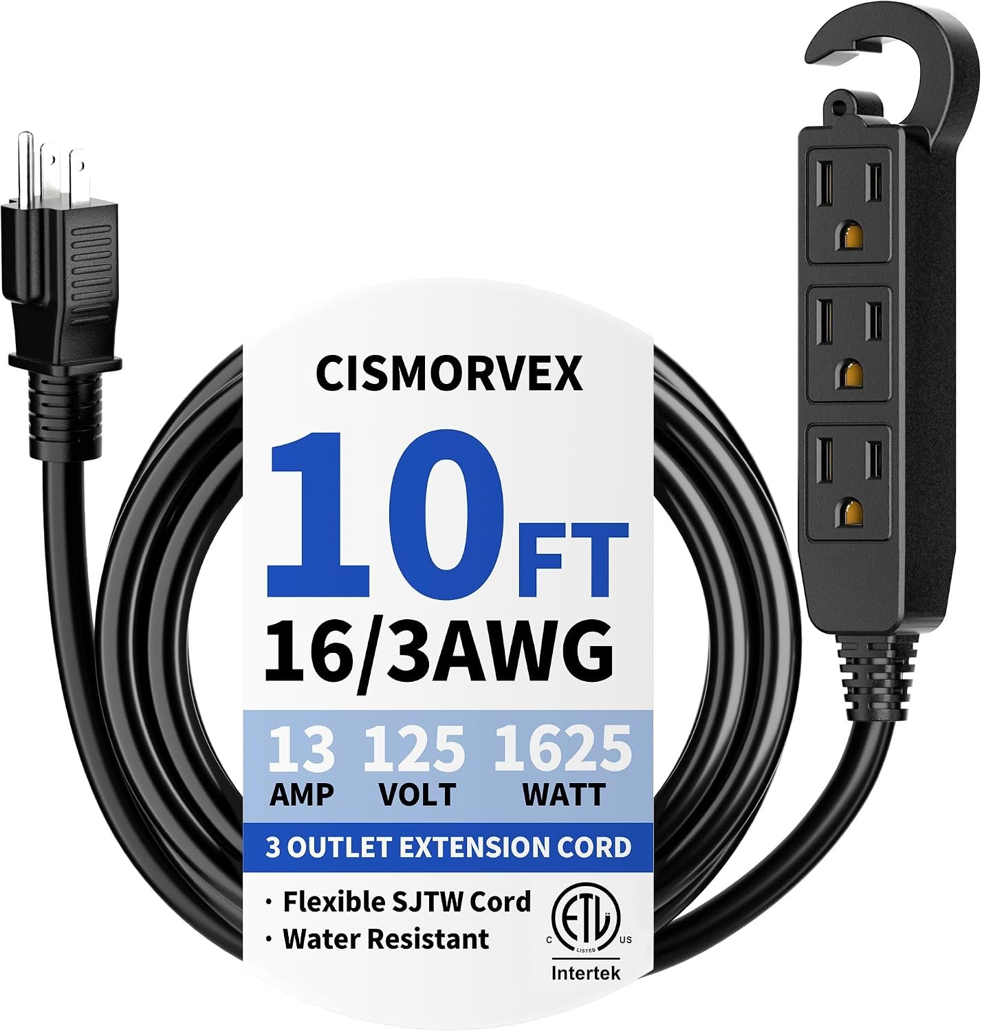 10 Ft 3 Outlet Outdoor Extension Cord Waterproof, Grounded Extension Cord with Multiple Outlets, 16/3 AWG 3 Prong Power Strip for Garden, Patio, Camping, 13A 125V 1625W, ETL Listed, Black