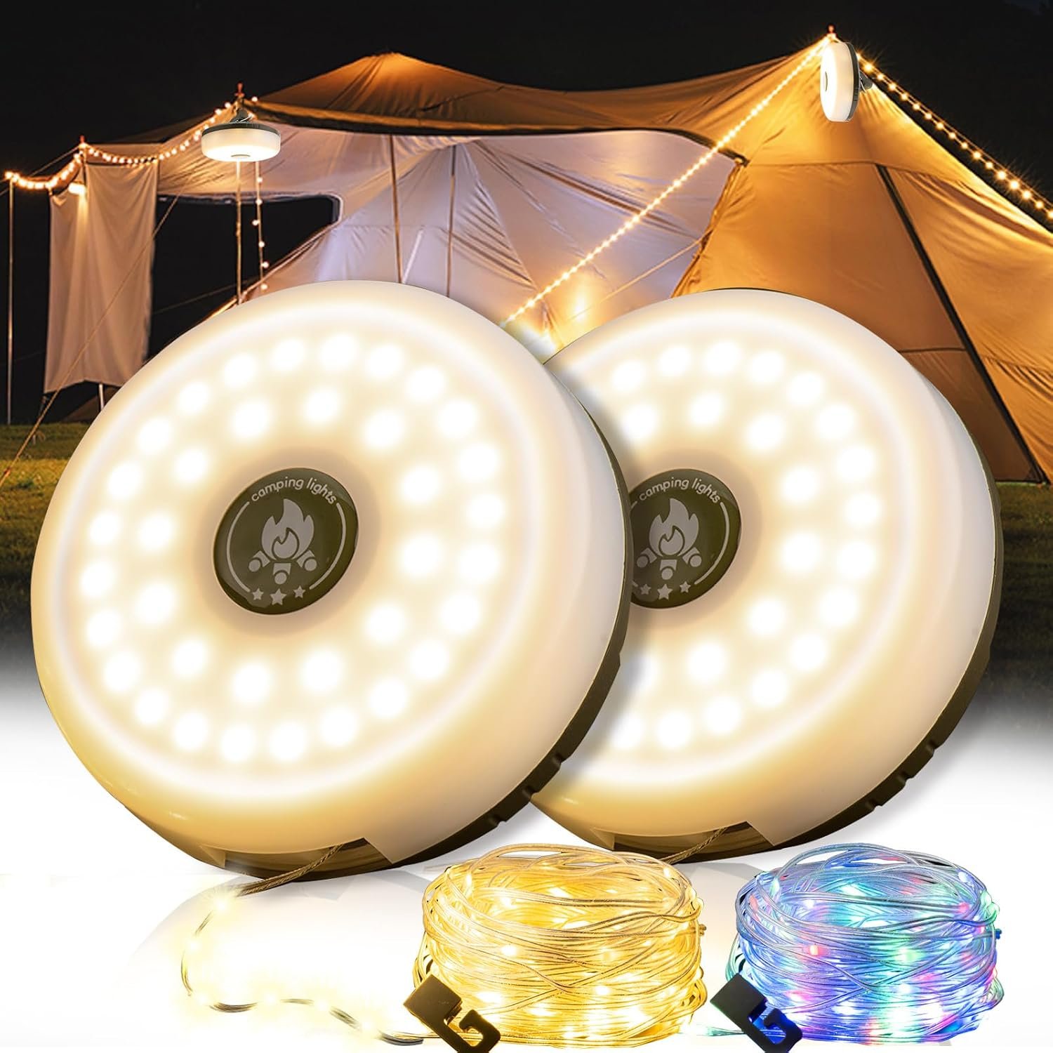 Sutaig 2-Pack Camping String Lights, 4 in 1 Outdoor Camping Lantern with 8 Lighting Modes(32.8Ft), Quick 30s Recovery, Waterproof, Type-C Fast Charging, Portable Lights for Camping/Yard/Hiking