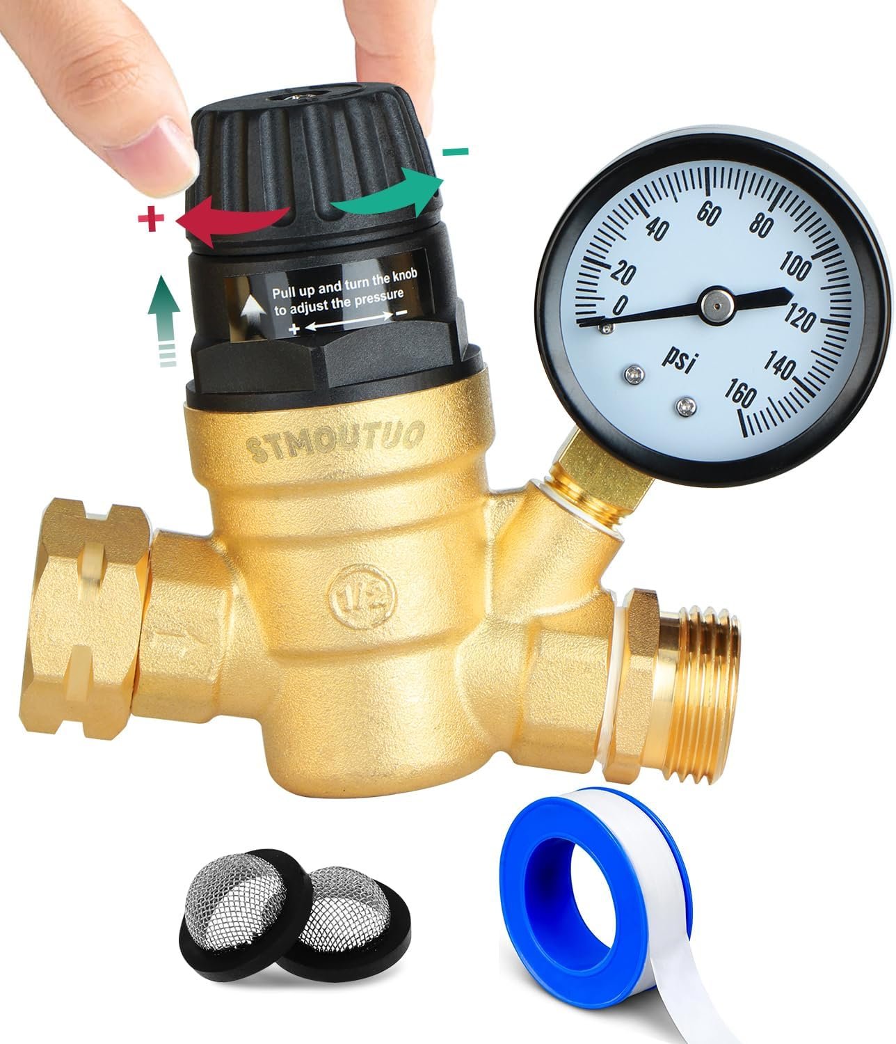 STMOUTUO RV Water Pressure Regulator for RV Camper. Brass Lead-Free Adjustable Camper Water Pressure Regulator with 0-160 PSI Gauge ，Reducer Valve W Filter，Package includes 1 raw tape for water pipes.