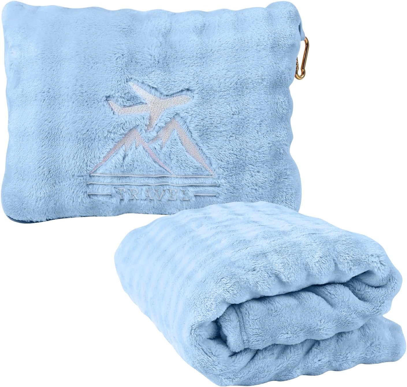 Travel Blanket and Pillow-2-in-1, Ultra-Soft&Compact, One-Piece Airplane Blanket with Hand Luggage Belt and Backpack Clip,Travelers Accessories Gifts, 61×43 Inches (Blue)